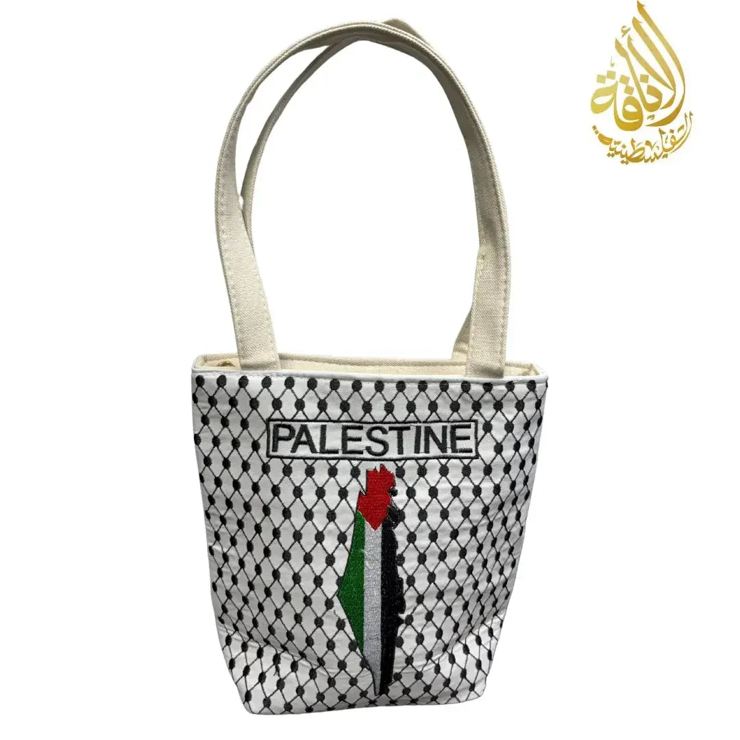 Palestinian embroidered tote bag with black and white pattern and Palestine map design