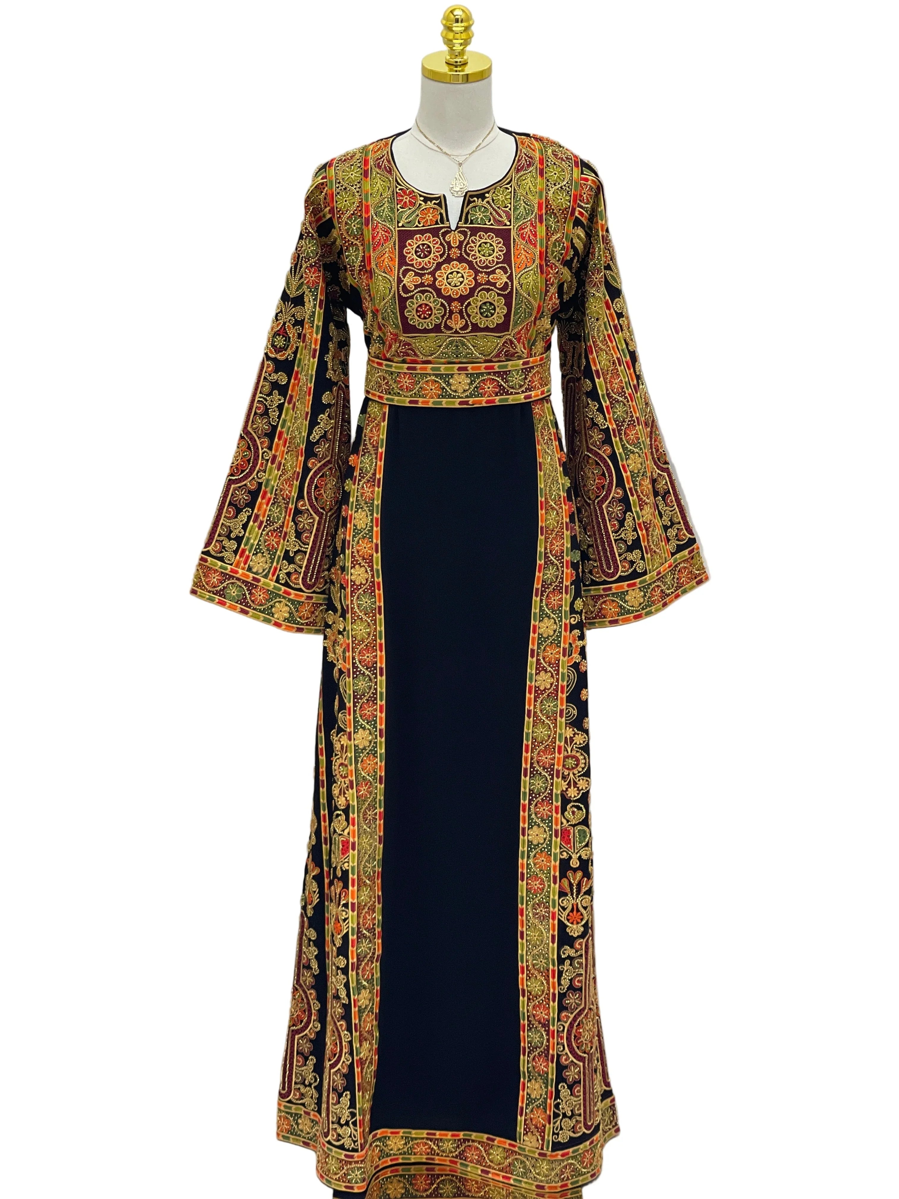 Palestinian Thoub with Beaded Embroidery by Palestinian Elegance navy center panel traditional embroidered long dress