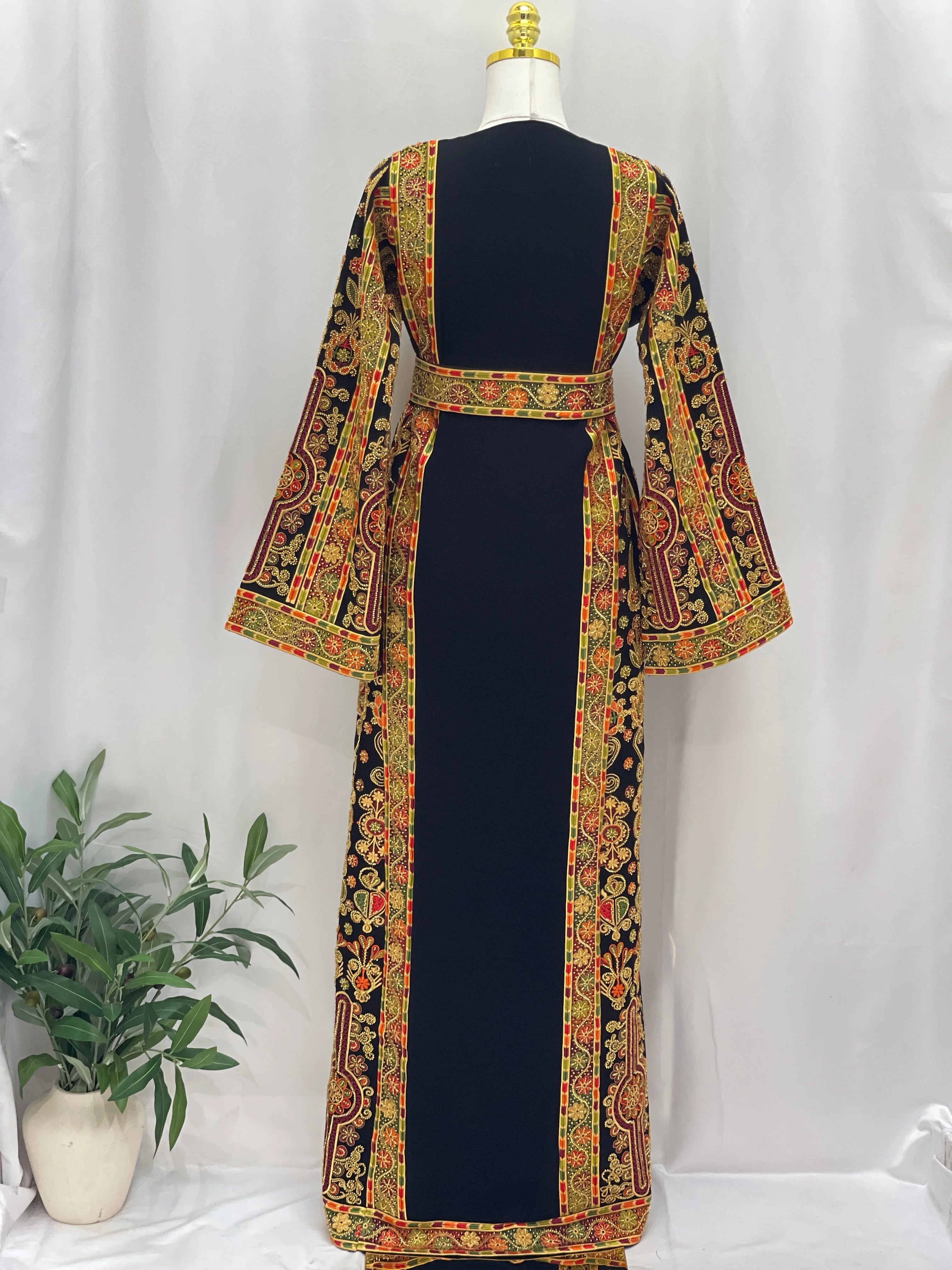 Palestinian Thoub with Beaded Embroidery black traditional dress with colorful floral hand embroidery and belt