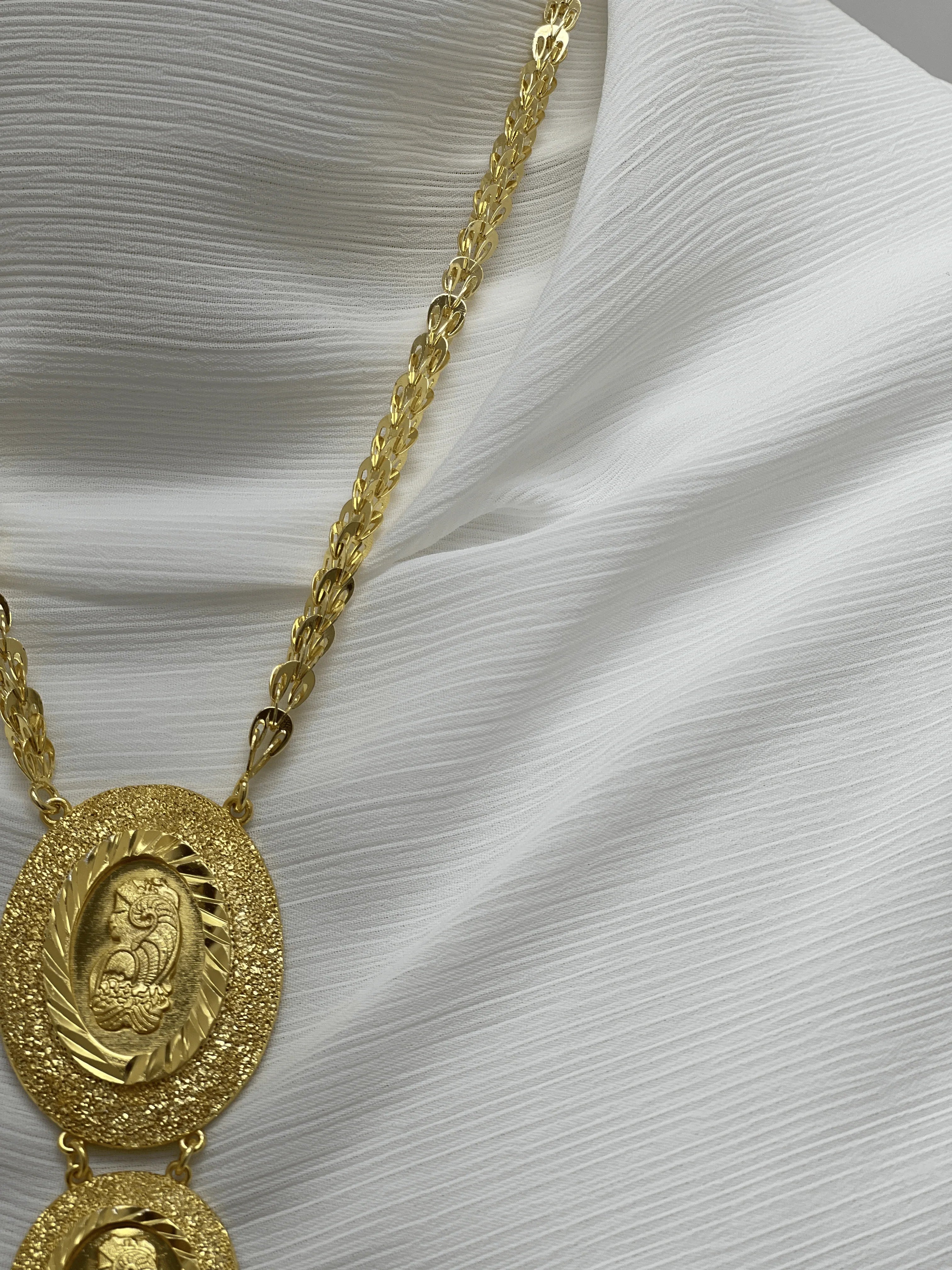 Palestinian Elegance riple Ounce Imitated Gold Necklace with intricate owl pendant on textured chain
