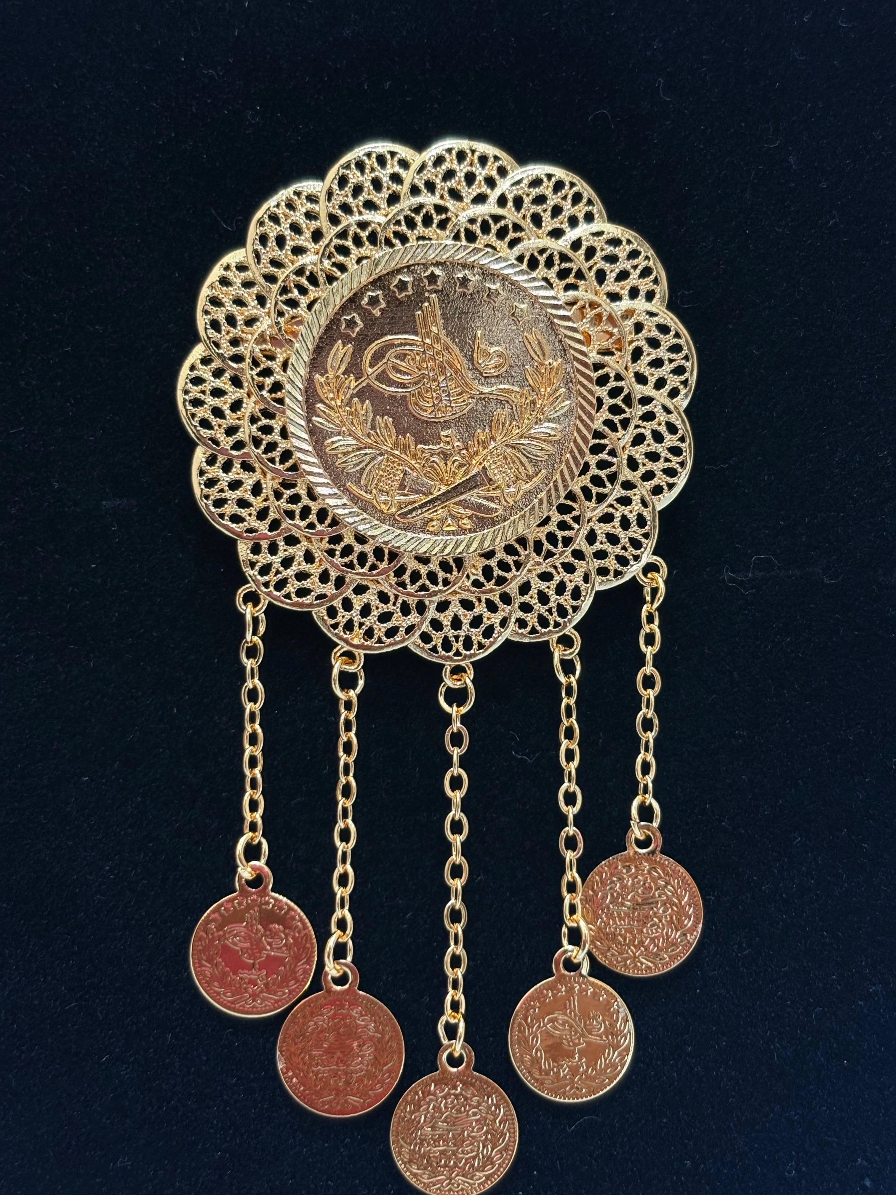 Turkish lira Brooch -Large with intricate lace design and hanging coins for stylish accessories