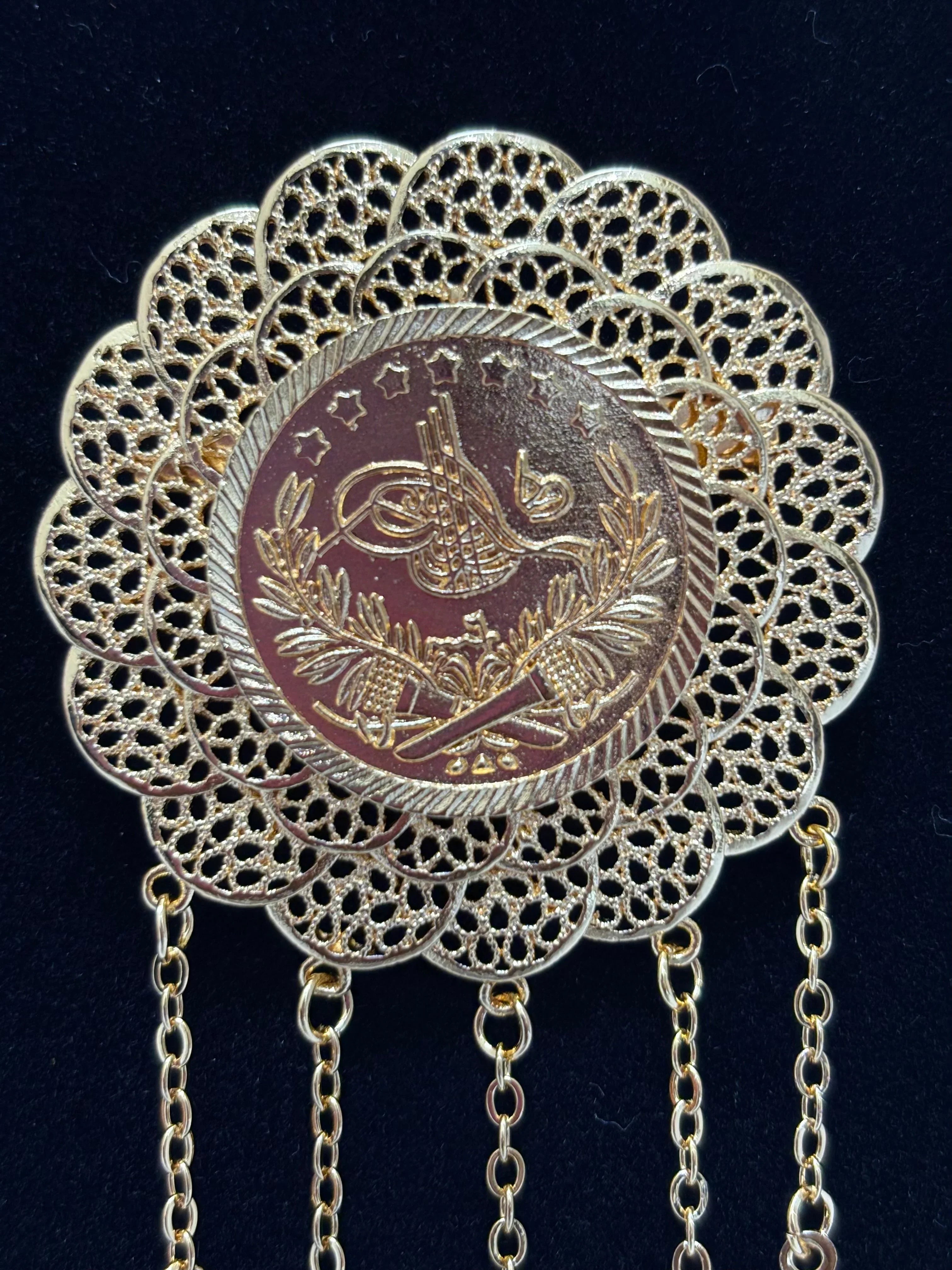 Turkish lira Brooch -Large with intricate lace design and dangling chains for elegant accessory styling