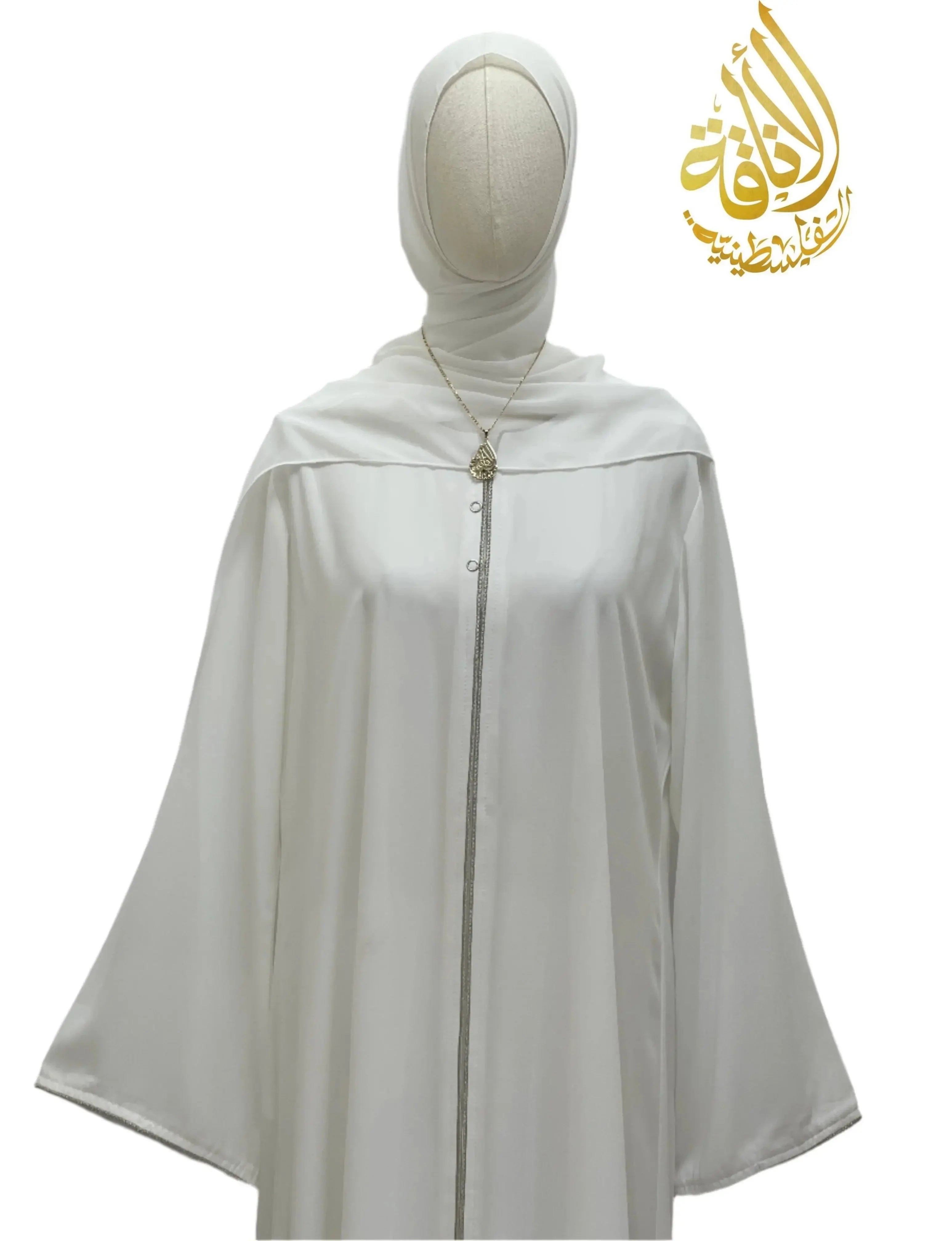 Palestinian Elegance modest umra abaya with hijab in white flowing fabric with front closure
