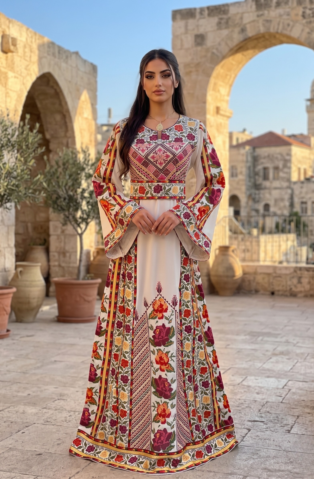 Embroidered Roses Thoub - Elegant Floral Design for Modern Style