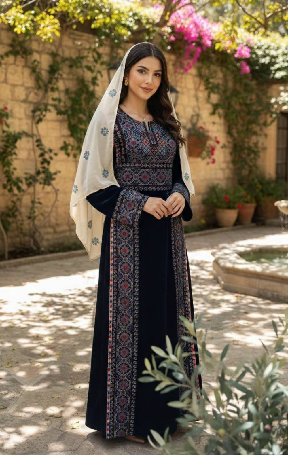 Palestine Royal Cream Embroidered Fringe Shawl/Khirka