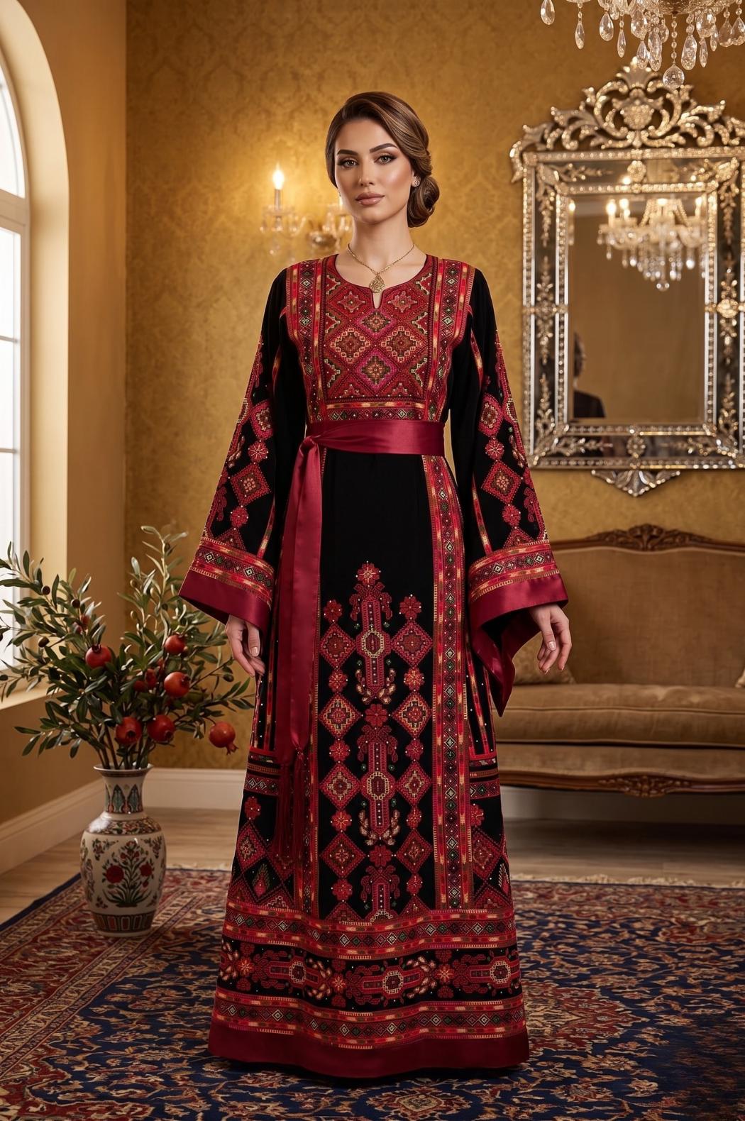 Yafa Fully Embroidered Thobe – Black & Burgundy”