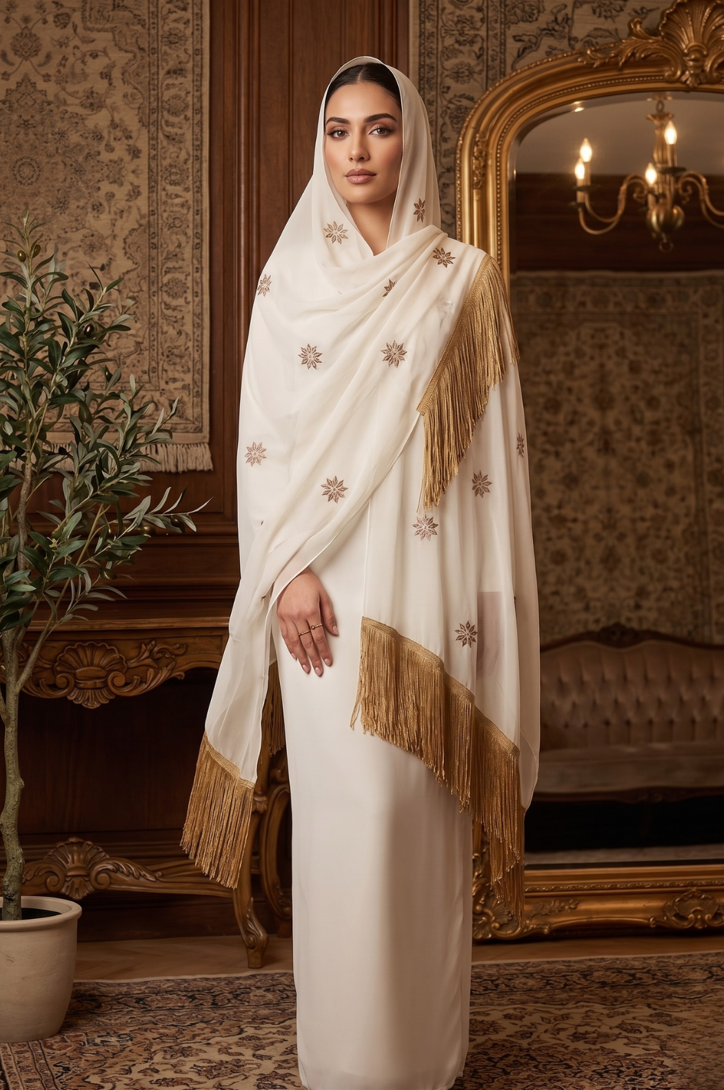 Golden Flowers Fringe Shawl-(Khirka)