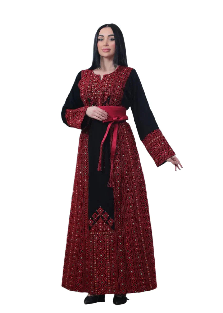 Wafa Embroidered Thoub With Satin Belt – Exquisite Elegance & Tradition - Palestinian Elegance