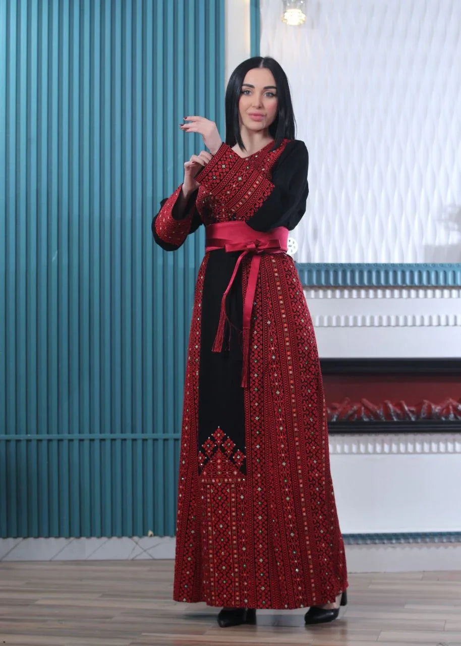 Wafa Embroidered Thoub With Satin Belt – Exquisite Elegance & Tradition - Palestinian Elegance