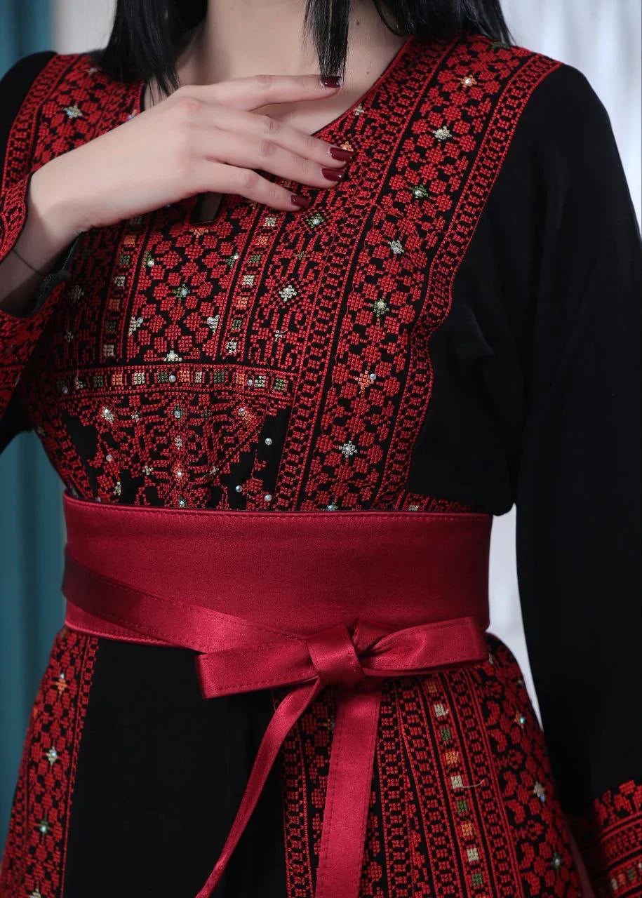 Wafa Embroidered Thoub With Satin Belt – Exquisite Elegance & Tradition - Palestinian Elegance