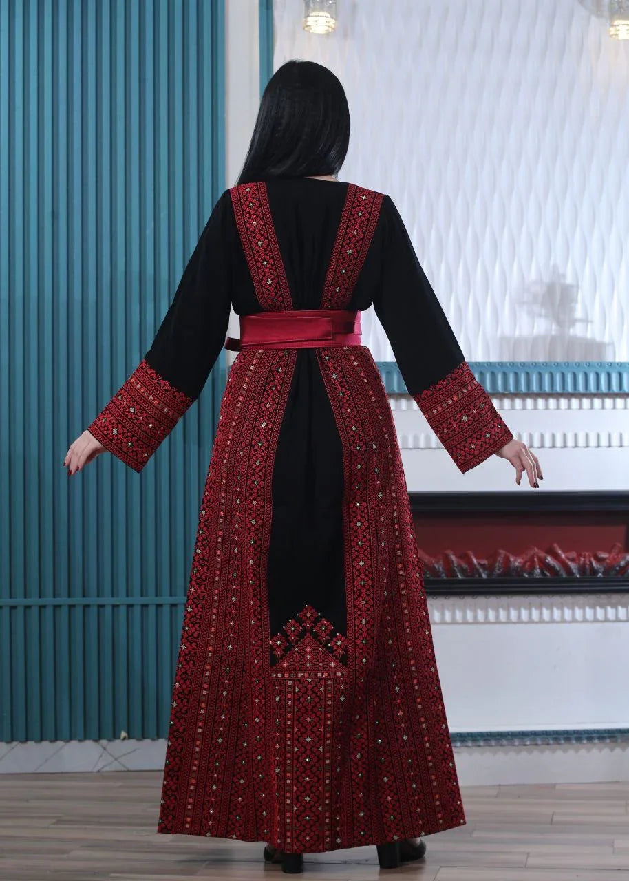 Wafa Embroidered Thoub With Satin Belt – Exquisite Elegance & Tradition - Palestinian Elegance