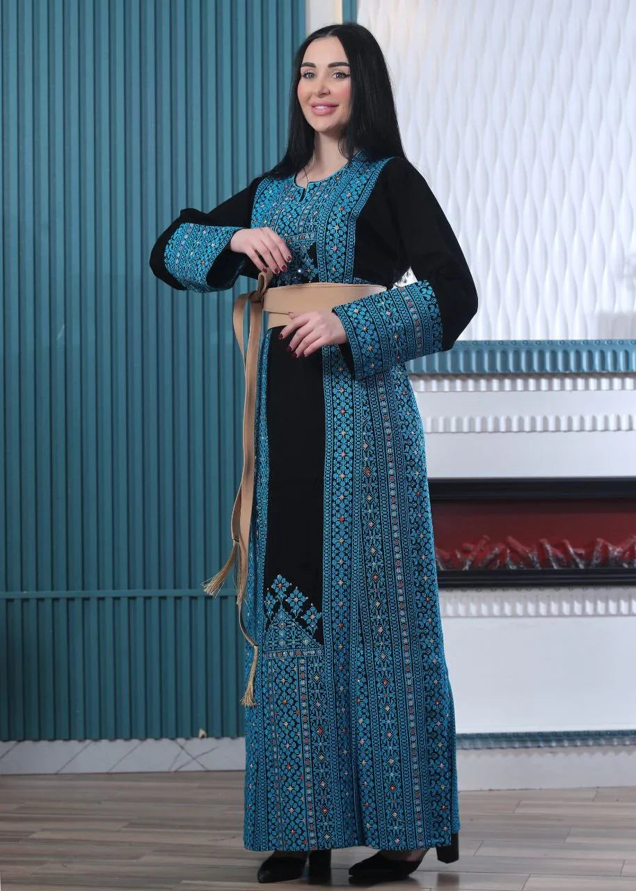 Wafa Embroidered Thoub With Satin Belt – Exquisite Elegance & Tradition - Palestinian Elegance