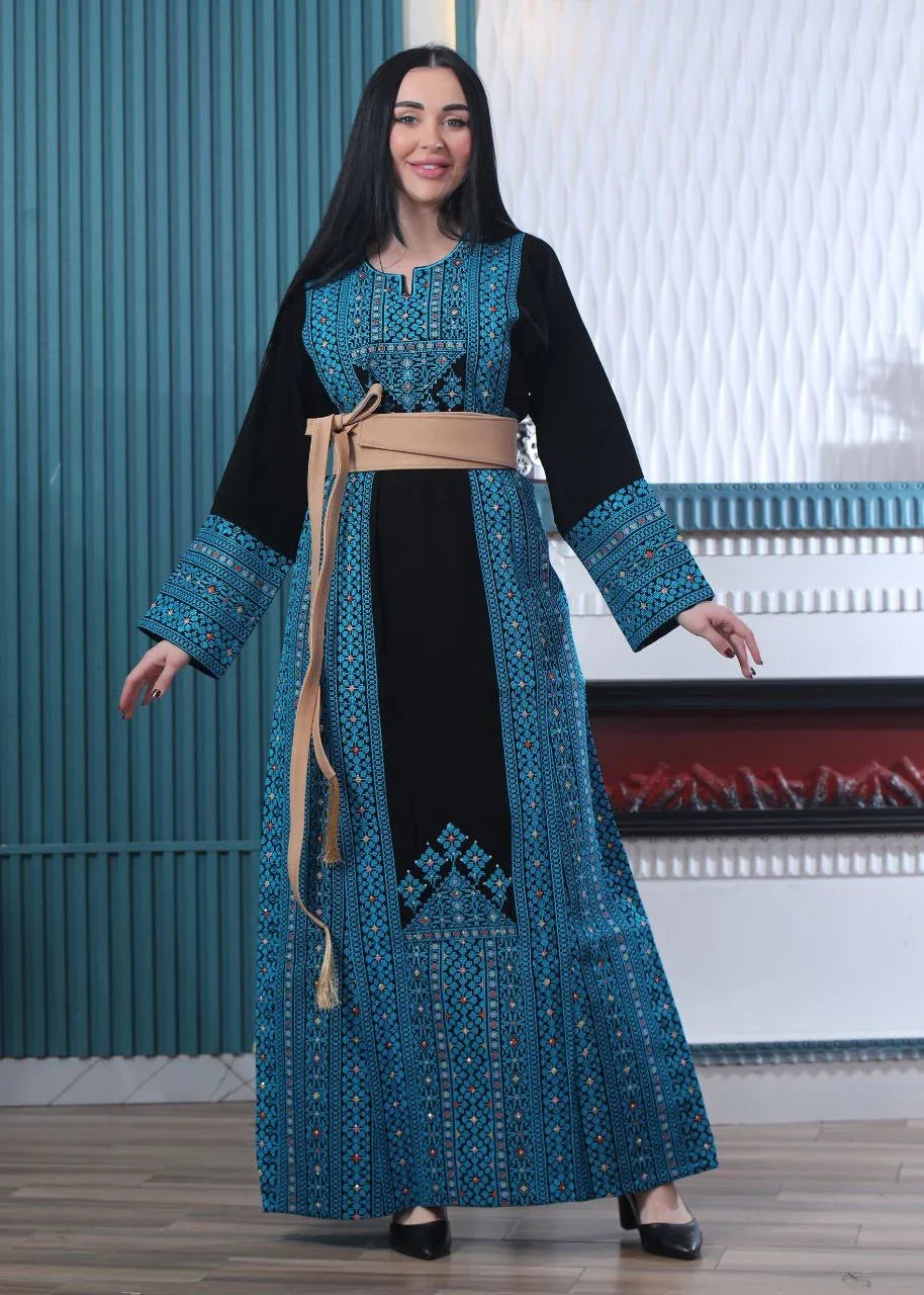 Wafa Embroidered Thoub With Satin Belt – Exquisite Elegance & Tradition - Palestinian Elegance