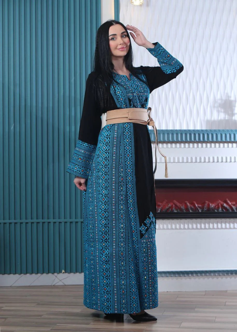 Wafa Embroidered Thoub With Satin Belt – Exquisite Elegance & Tradition - Palestinian Elegance