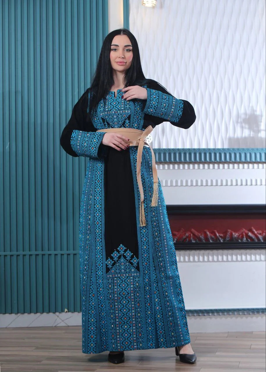 Wafa Embroidered Thoub With Satin Belt – Exquisite Elegance & Tradition - Palestinian Elegance