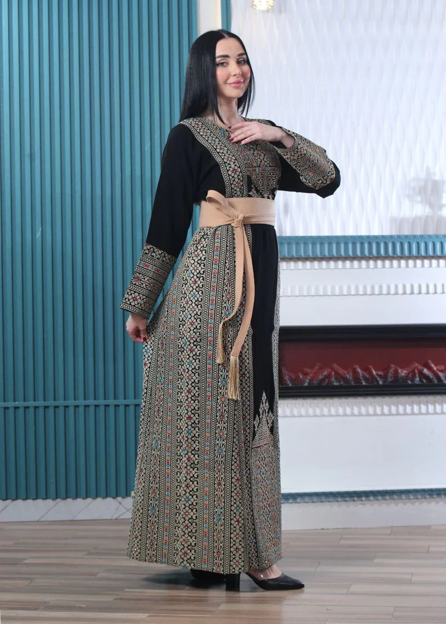 Wafa Embroidered Thoub With Satin Belt – Exquisite Elegance & Tradition - Palestinian Elegance