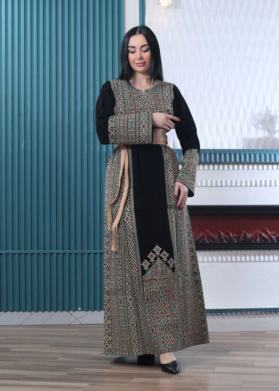 Wafa Embroidered Thoub With Satin Belt – Exquisite Elegance & Tradition - Palestinian Elegance