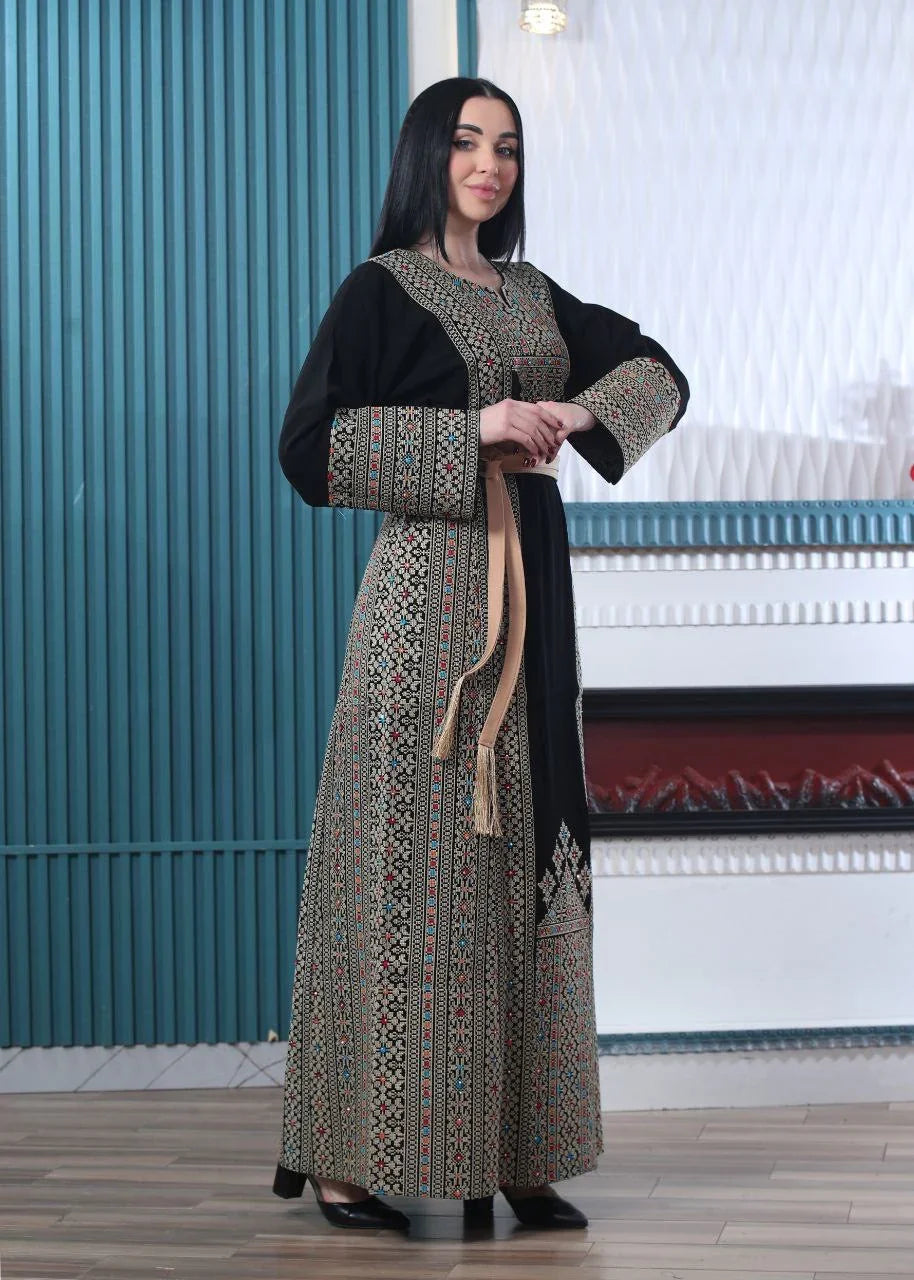 Wafa Embroidered Thoub With Satin Belt – Exquisite Elegance & Tradition - Palestinian Elegance