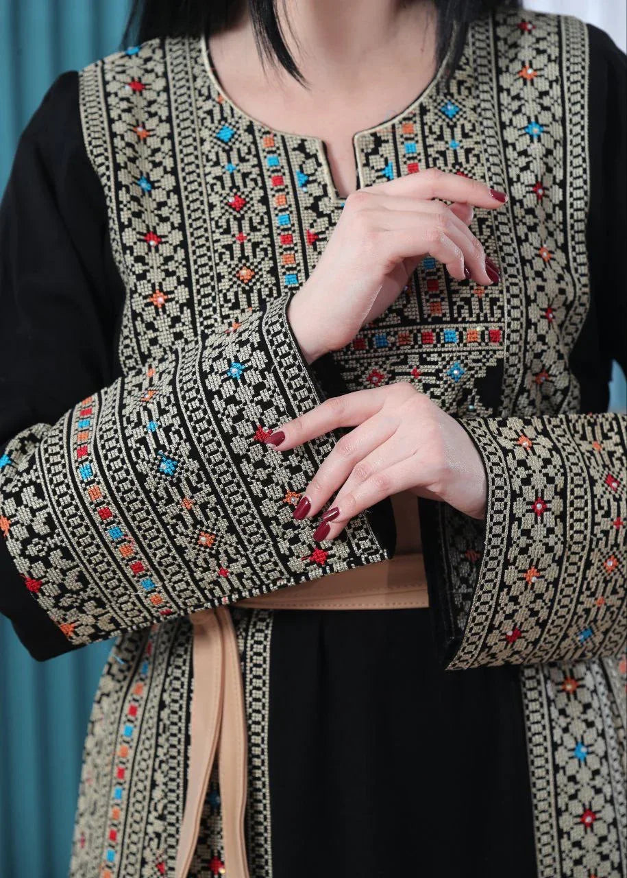 Wafa Embroidered Thoub With Satin Belt – Exquisite Elegance & Tradition - Palestinian Elegance