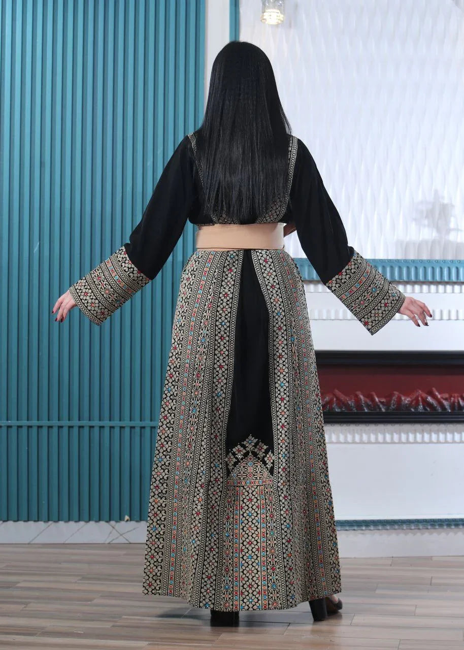 Wafa Embroidered Thoub With Satin Belt – Exquisite Elegance & Tradition - Palestinian Elegance
