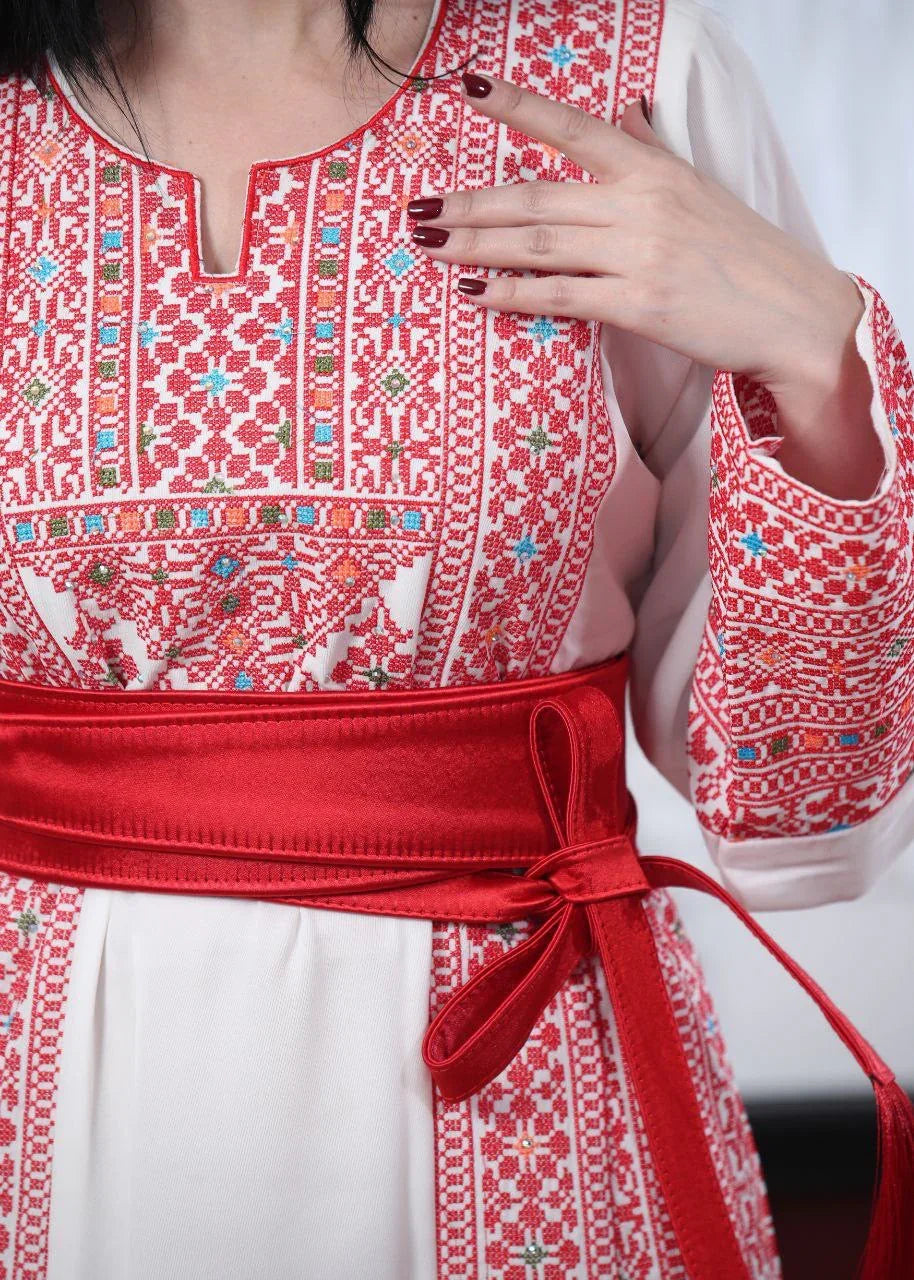 Wafa Embroidered Thoub With Satin Belt – Exquisite Elegance & Tradition - Palestinian Elegance