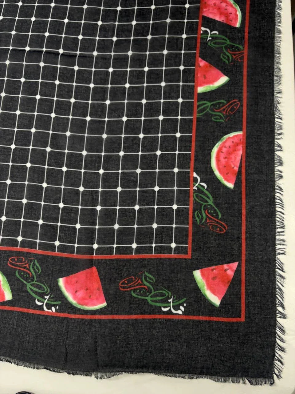 Palestinian Elegance Watermelon long Hijab black with white grid pattern red border watermelon slice print and fringe