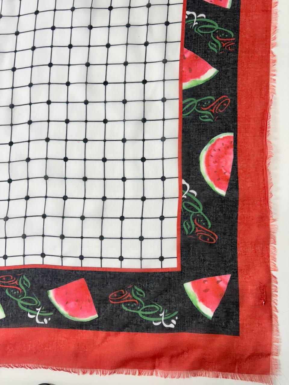 Palestinian Elegance Watermelon long Hijab with black grid center and red border featuring watermelon slice print and frayed edges