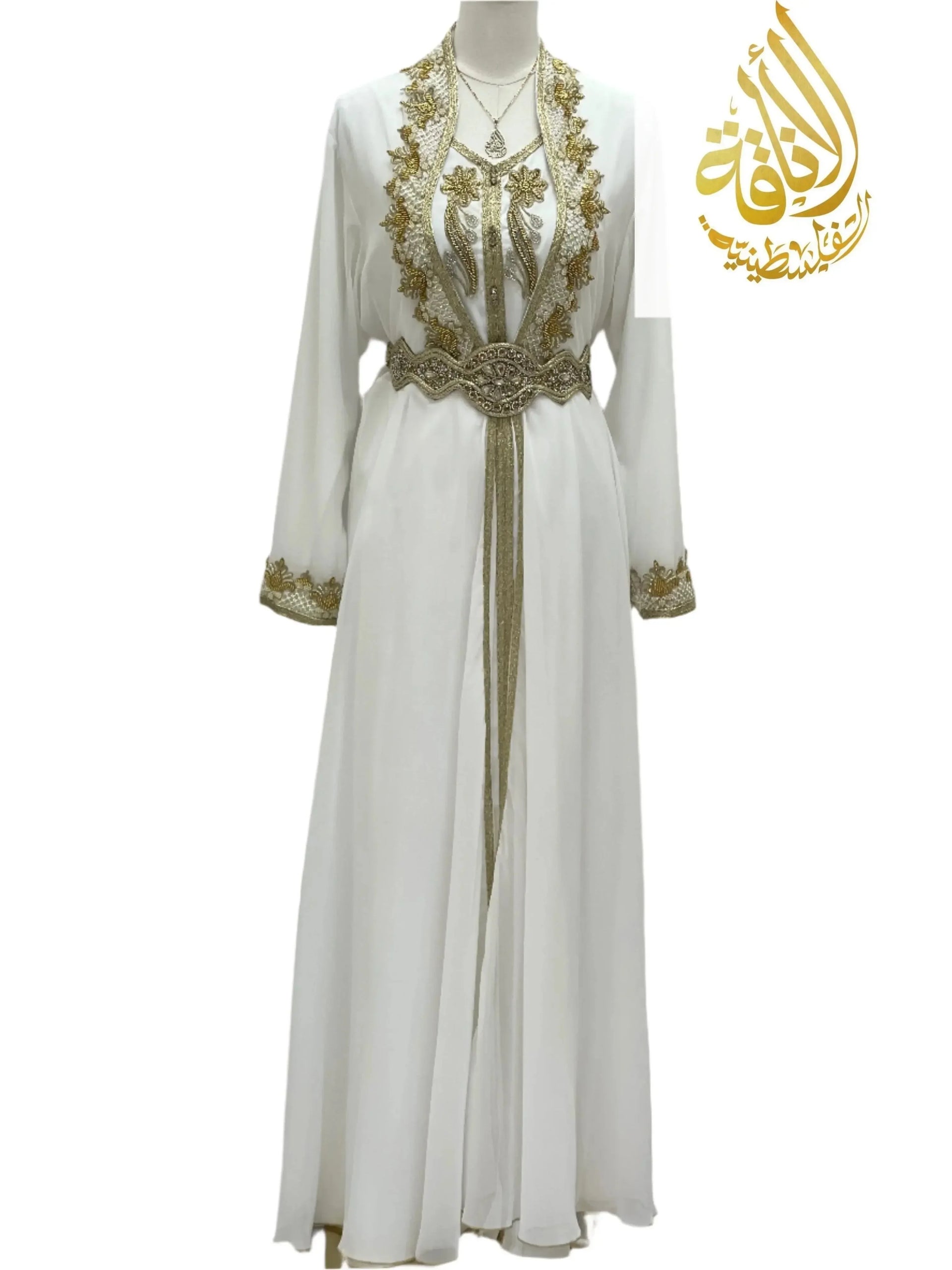 White Beads Moroccan Style Kaftan With Gold Embroidery