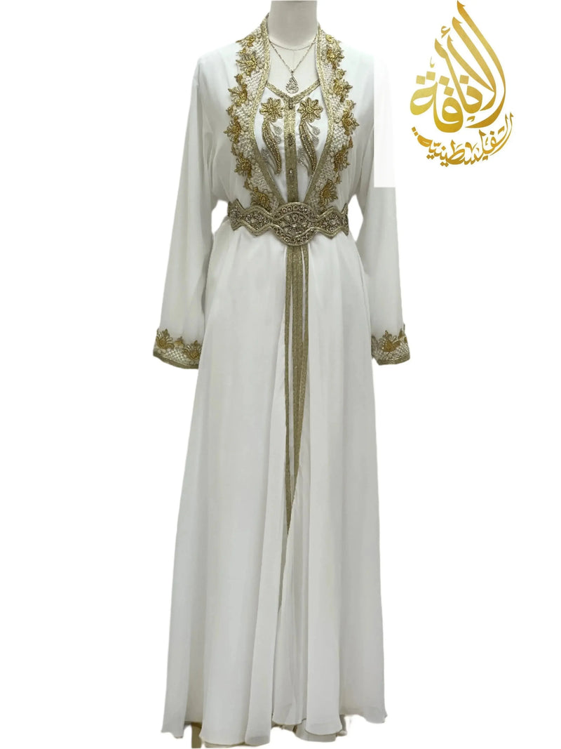 Elegant white Moroccan Style Kaftan with gold embroidery and decorative belt by Palestinian Elegance