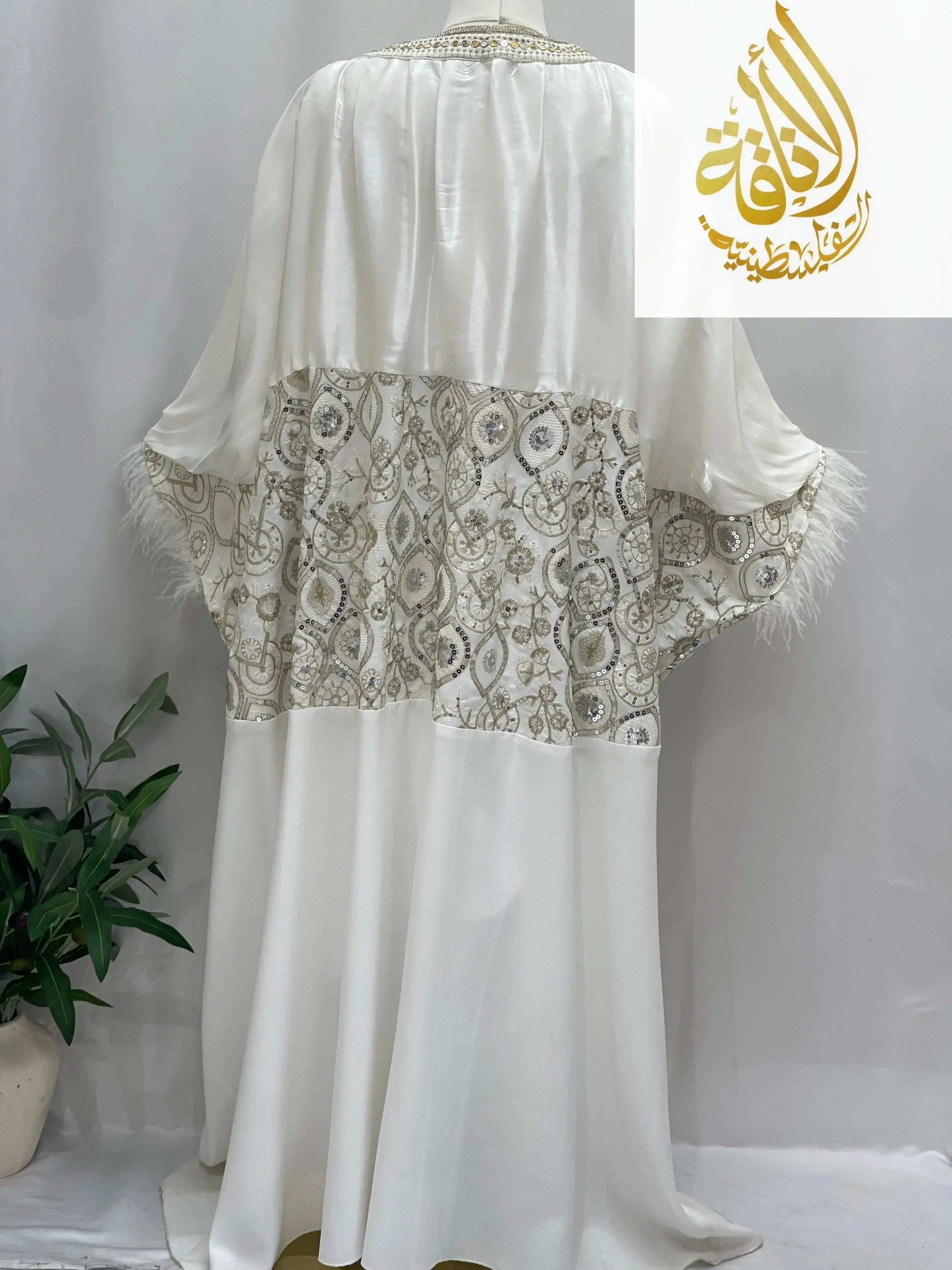 White Fancy Kaftan | Elegant Chiffon Modest Dress - Palestinian Elegance