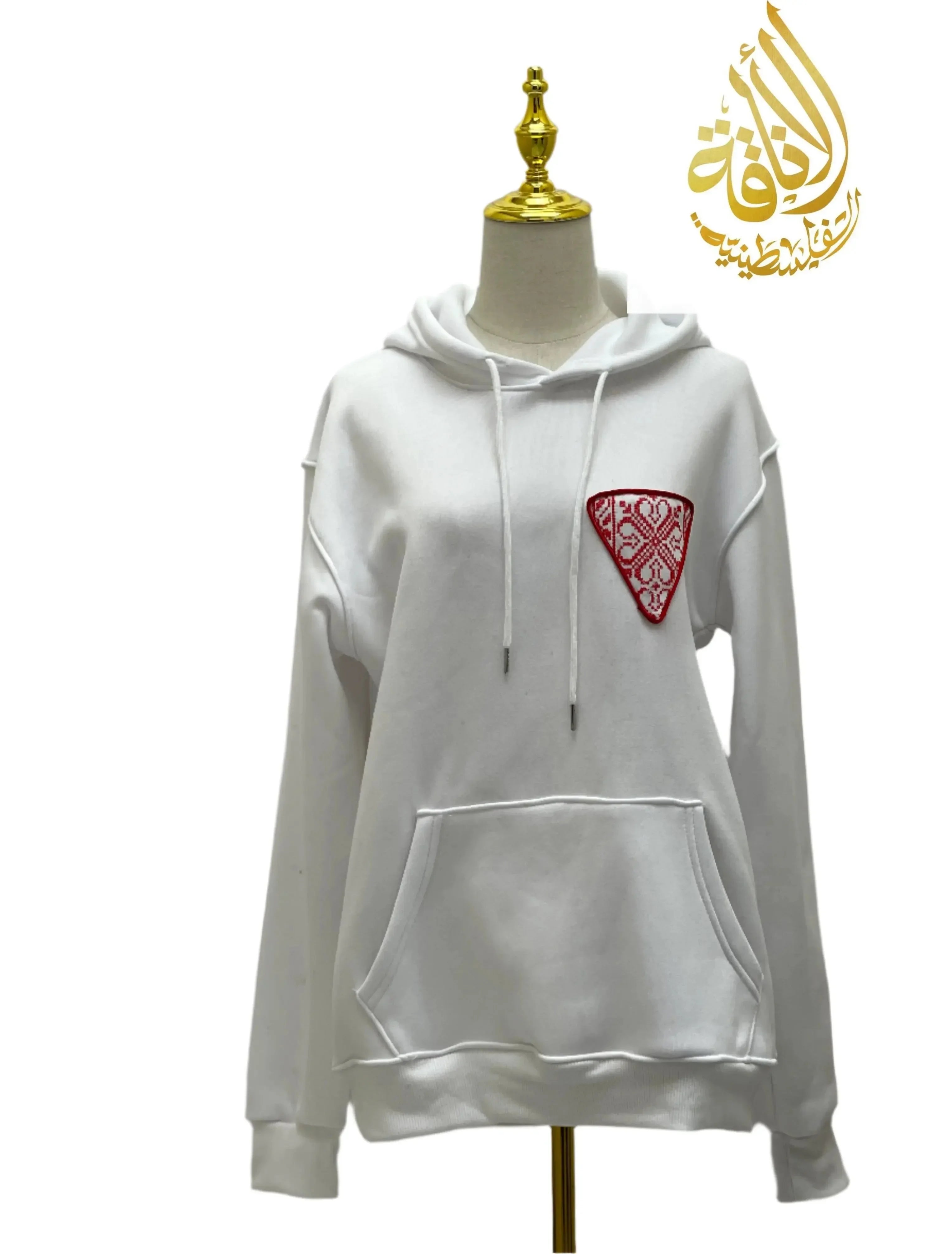 White Hoodie with Triangle Tatreez Embroidery - Modern Style Meets Tradition Palestinian Elegance