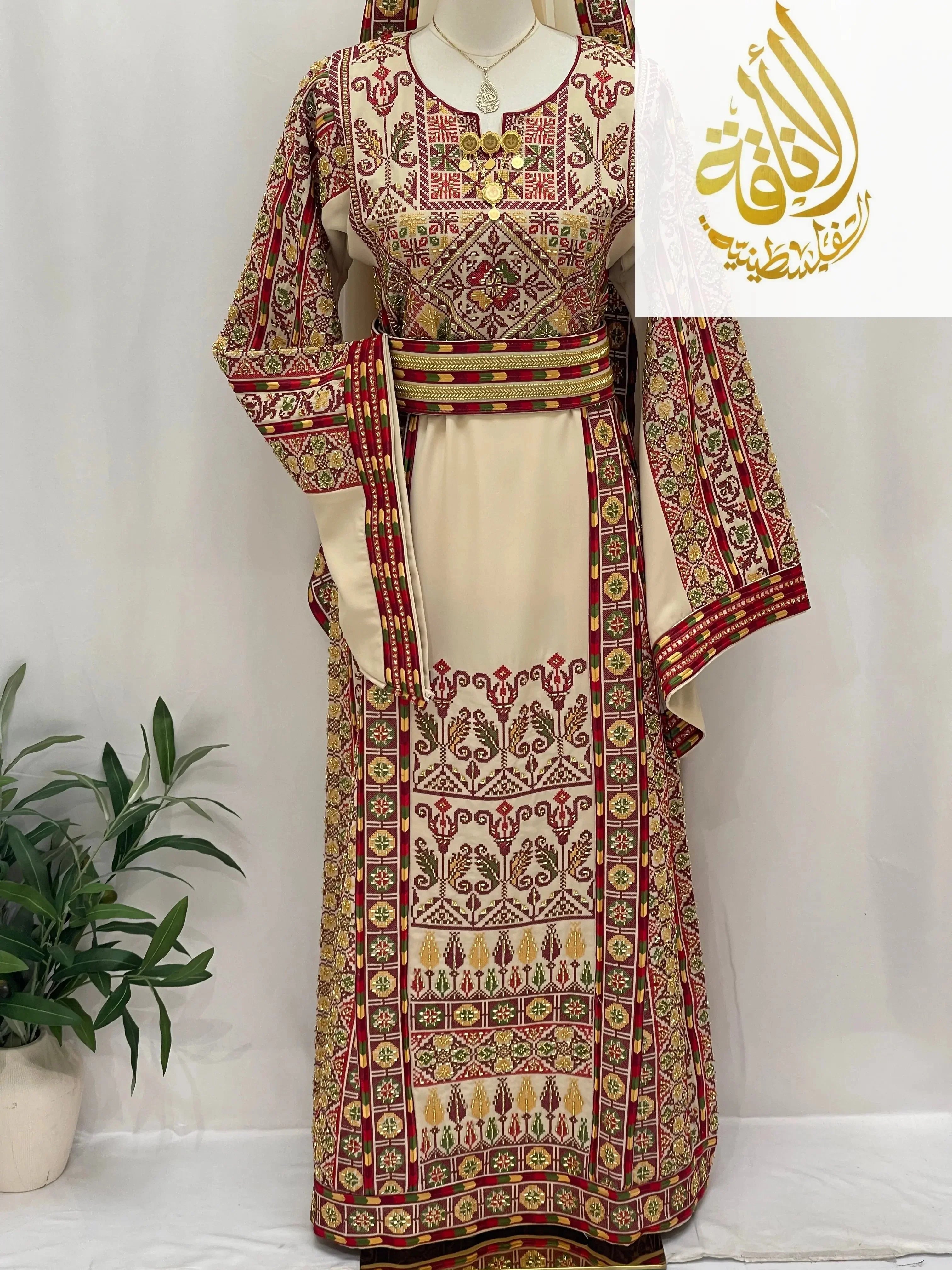 Palestinian Elegance Gold Beads Thoub traditional dress with intricate red and gold embroidery