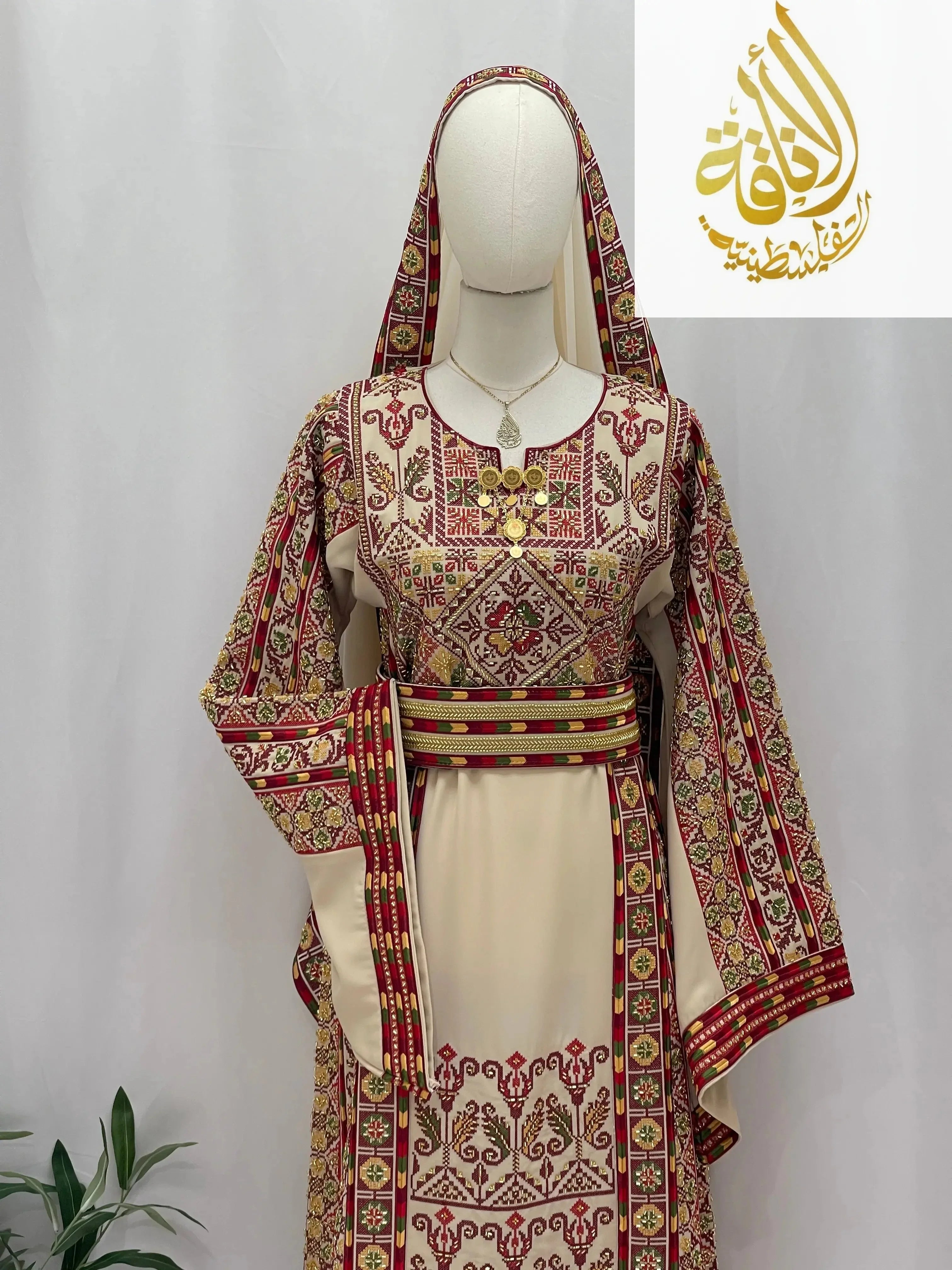 Palestinian Elegance Gold Beads Thoub with intricate red and gold embroidery and traditional belt