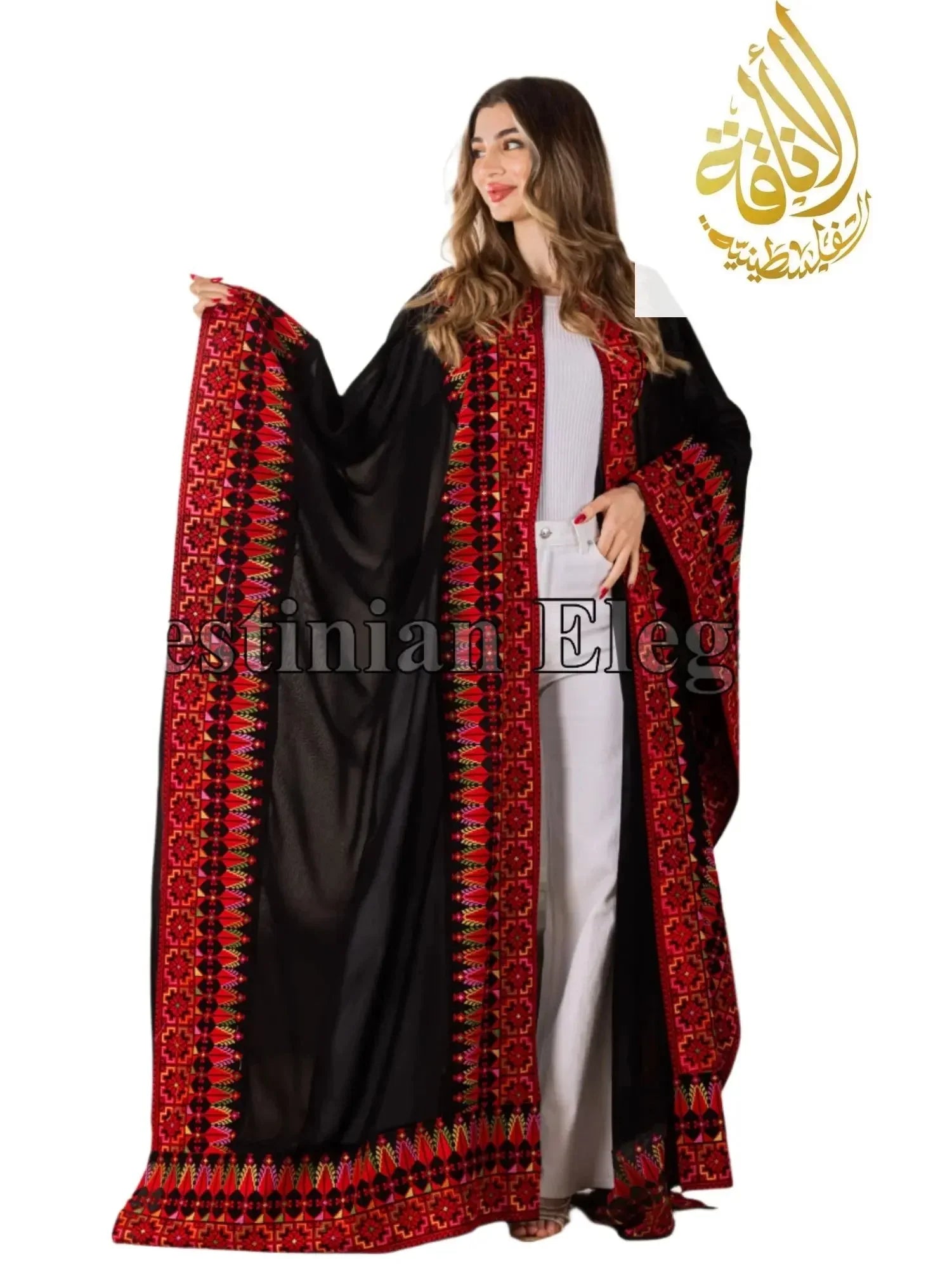 Palestinian Elegance heritage embroidered bisht black traditional garment with red intricate embroidery worn by woman