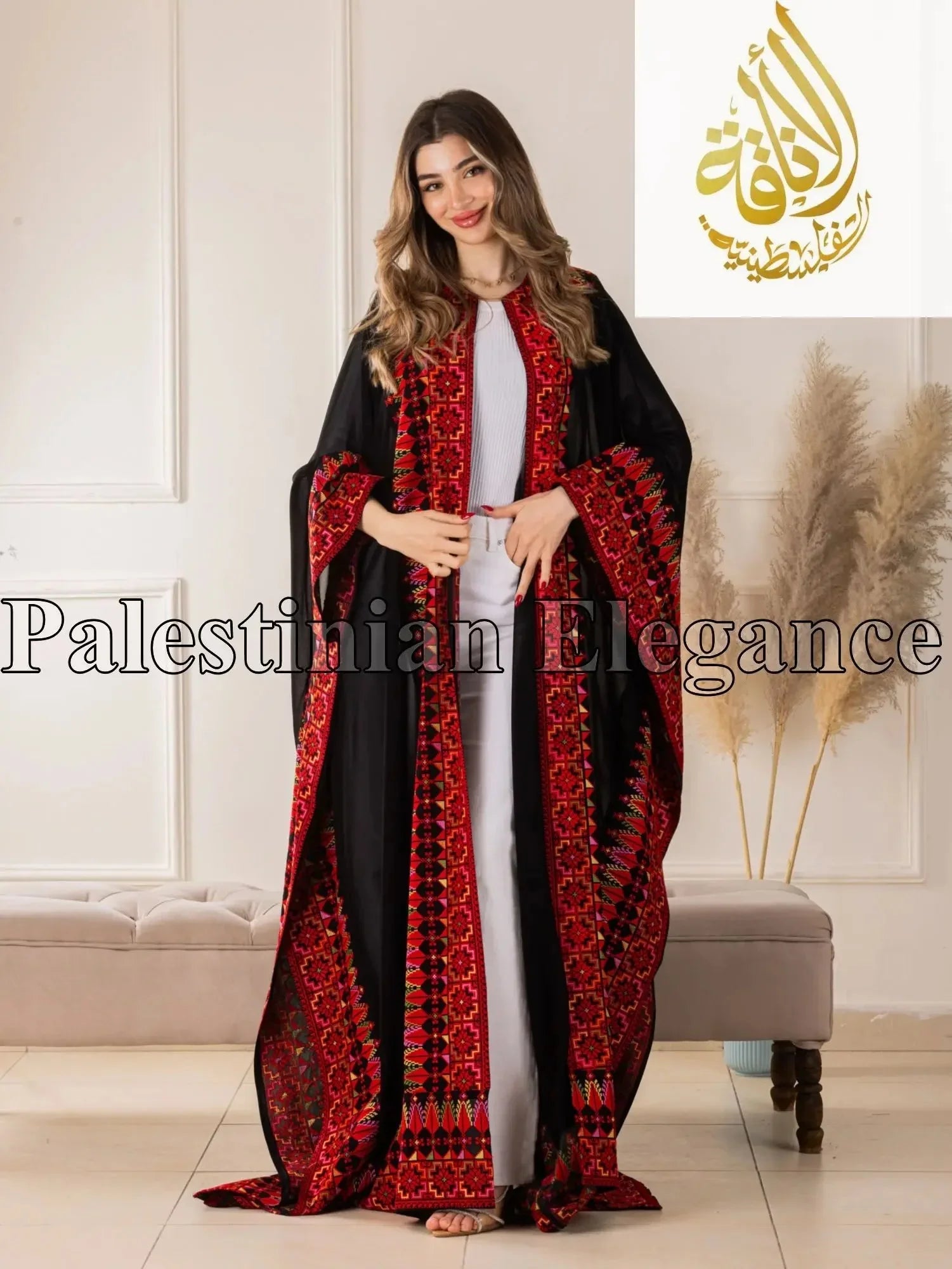 Woman wearing Palestinian Elegance heritage embroidered bisht with red and black traditional embroidery