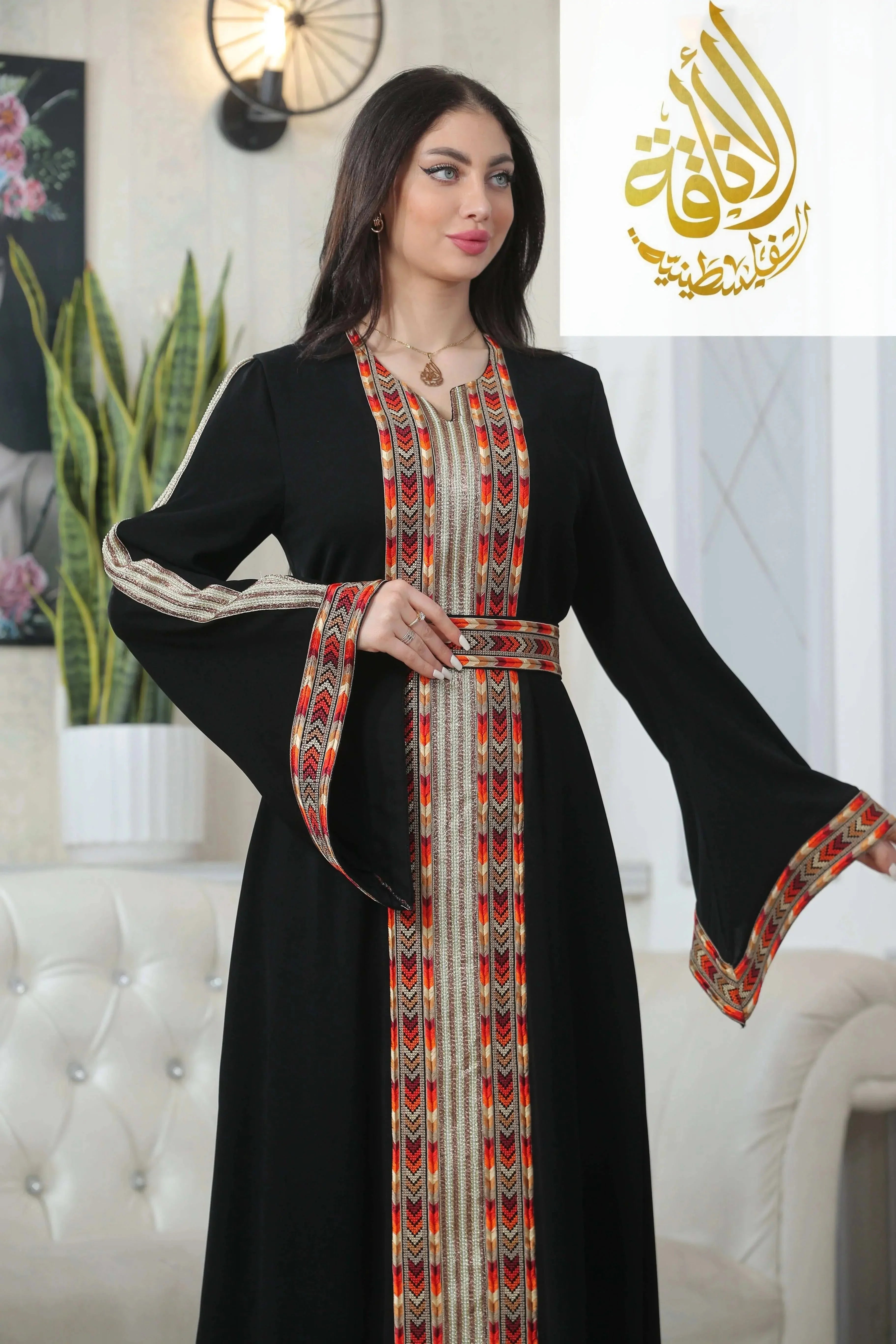 Palestinian Elegance Zena Embroidered Thoub black traditional dress with colorful patterned embroidery