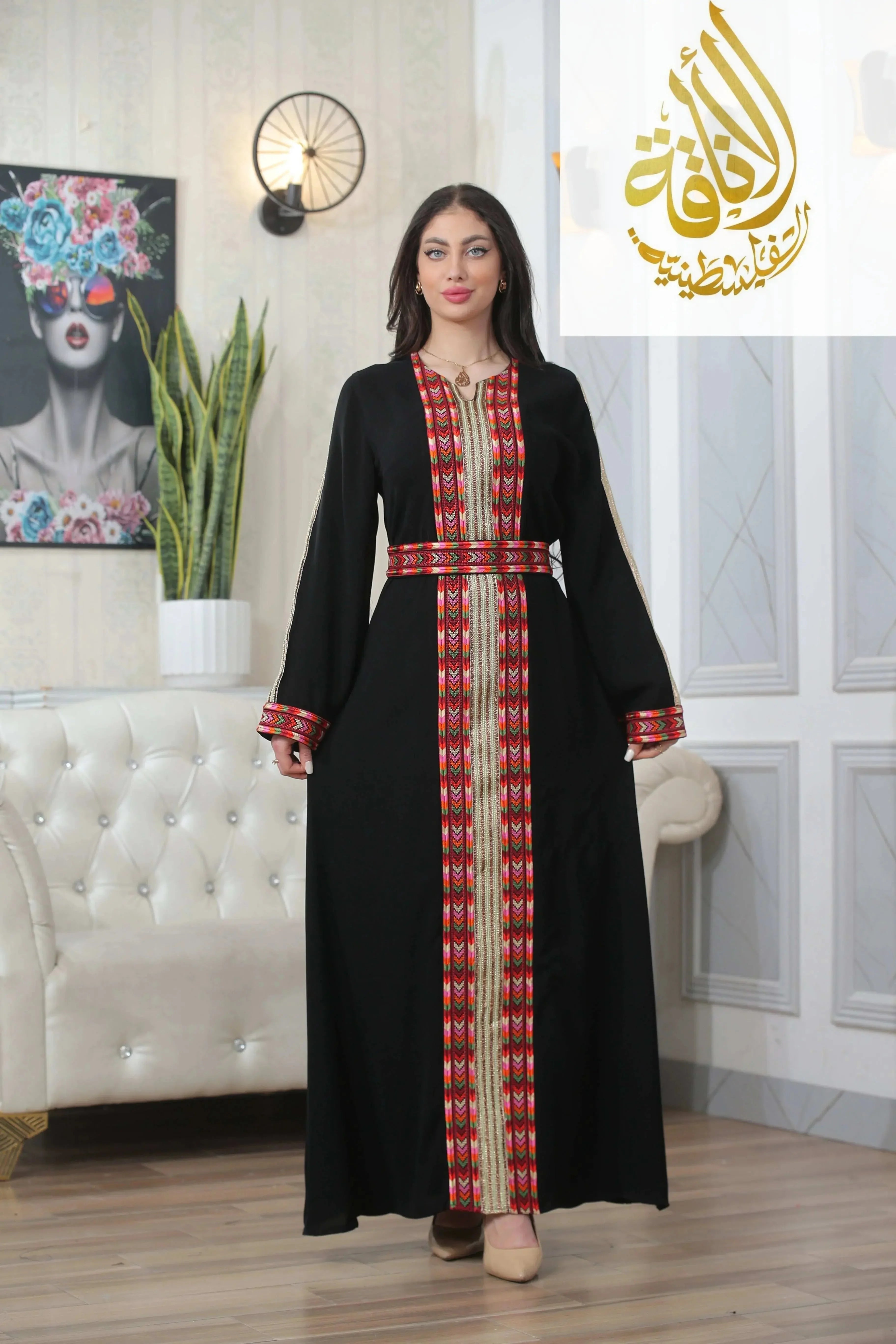 Palestinian Elegance Zena Embroidered Thoub black long dress with red and gold traditional embroidery