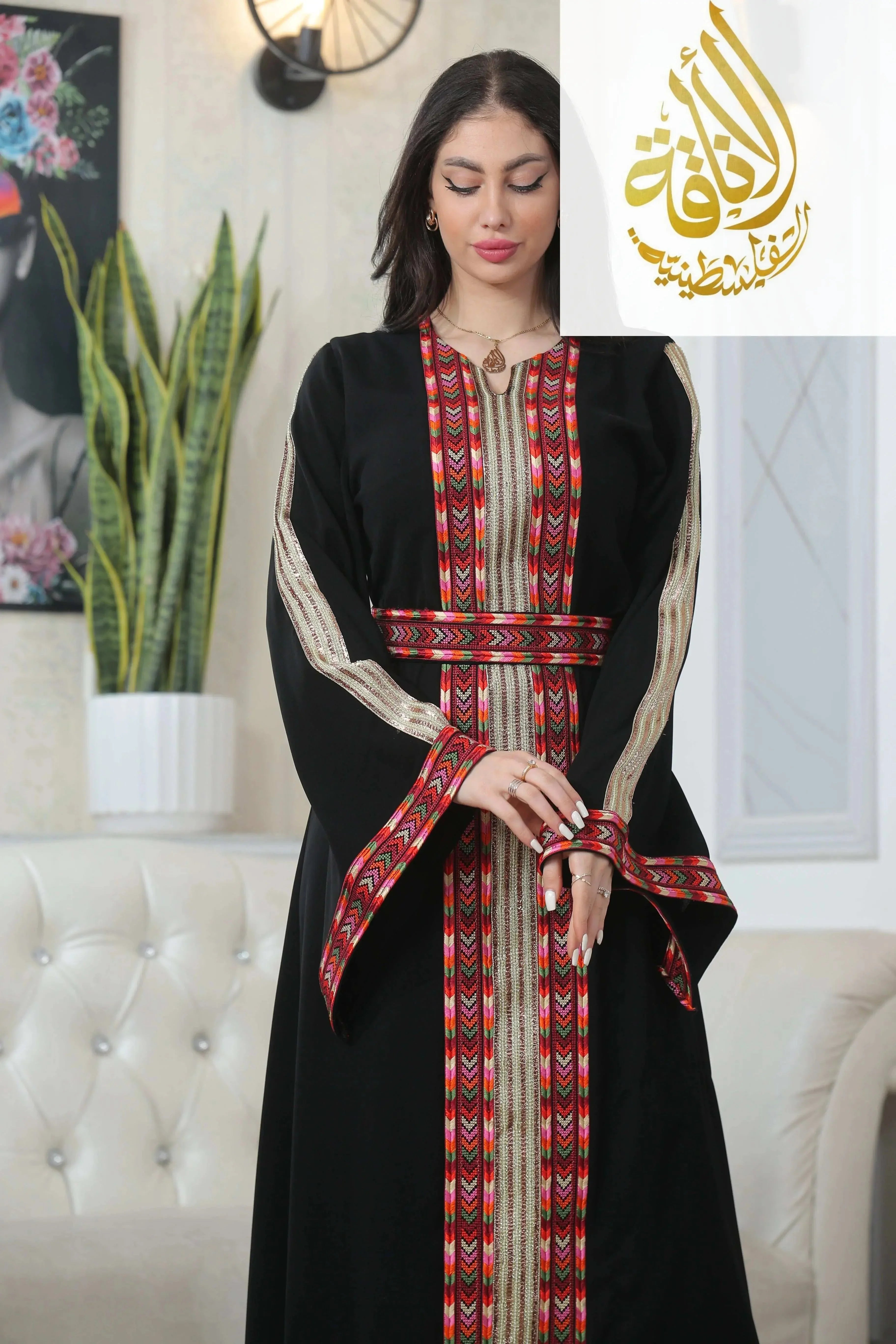 Palestinian Elegance Zena Embroidered Thoub black traditional dress with red and gold detailed embroidery