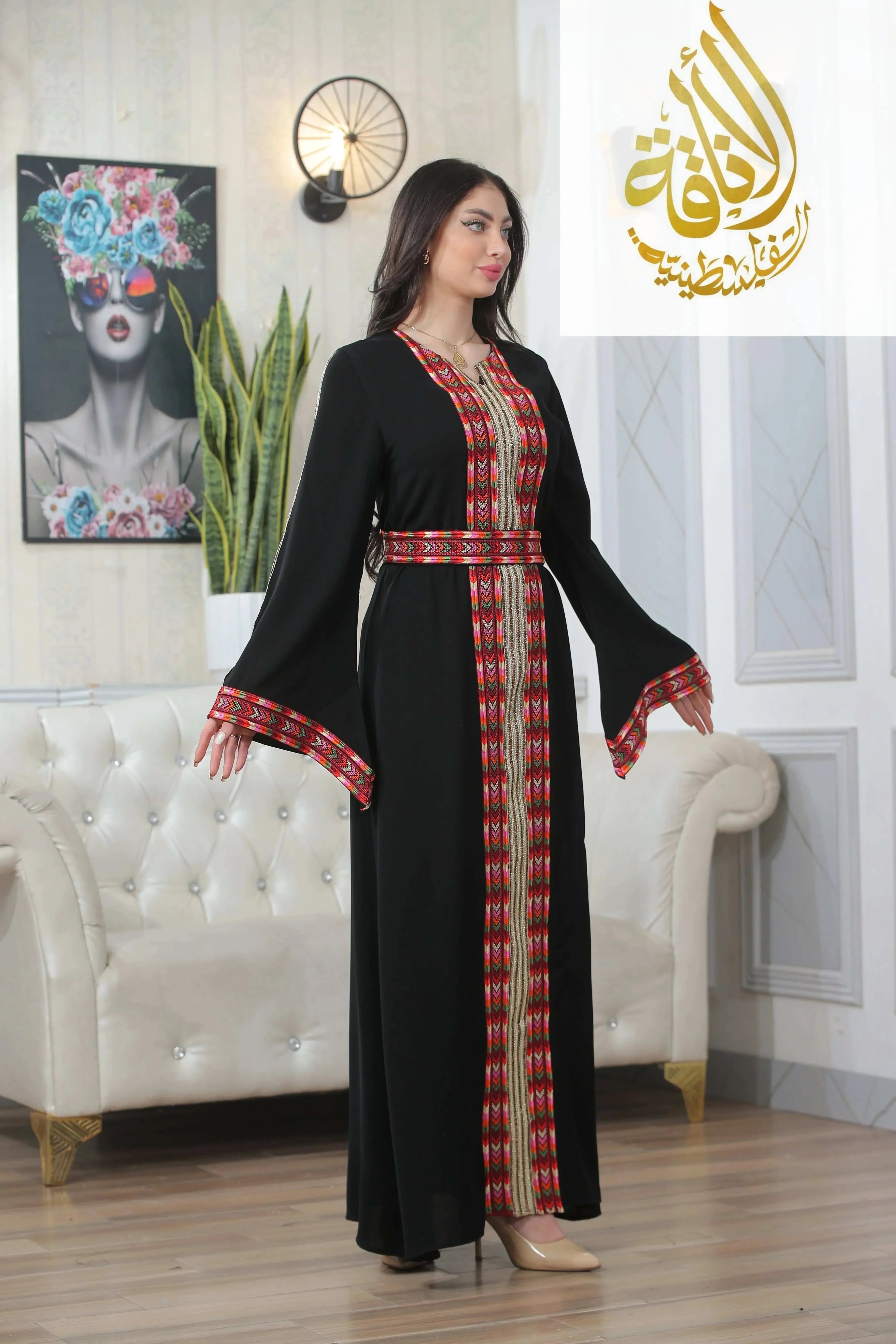 Palestinian Elegance Zena Embroidered Thoub black traditional dress with red detailed embroidery and wide sleeves