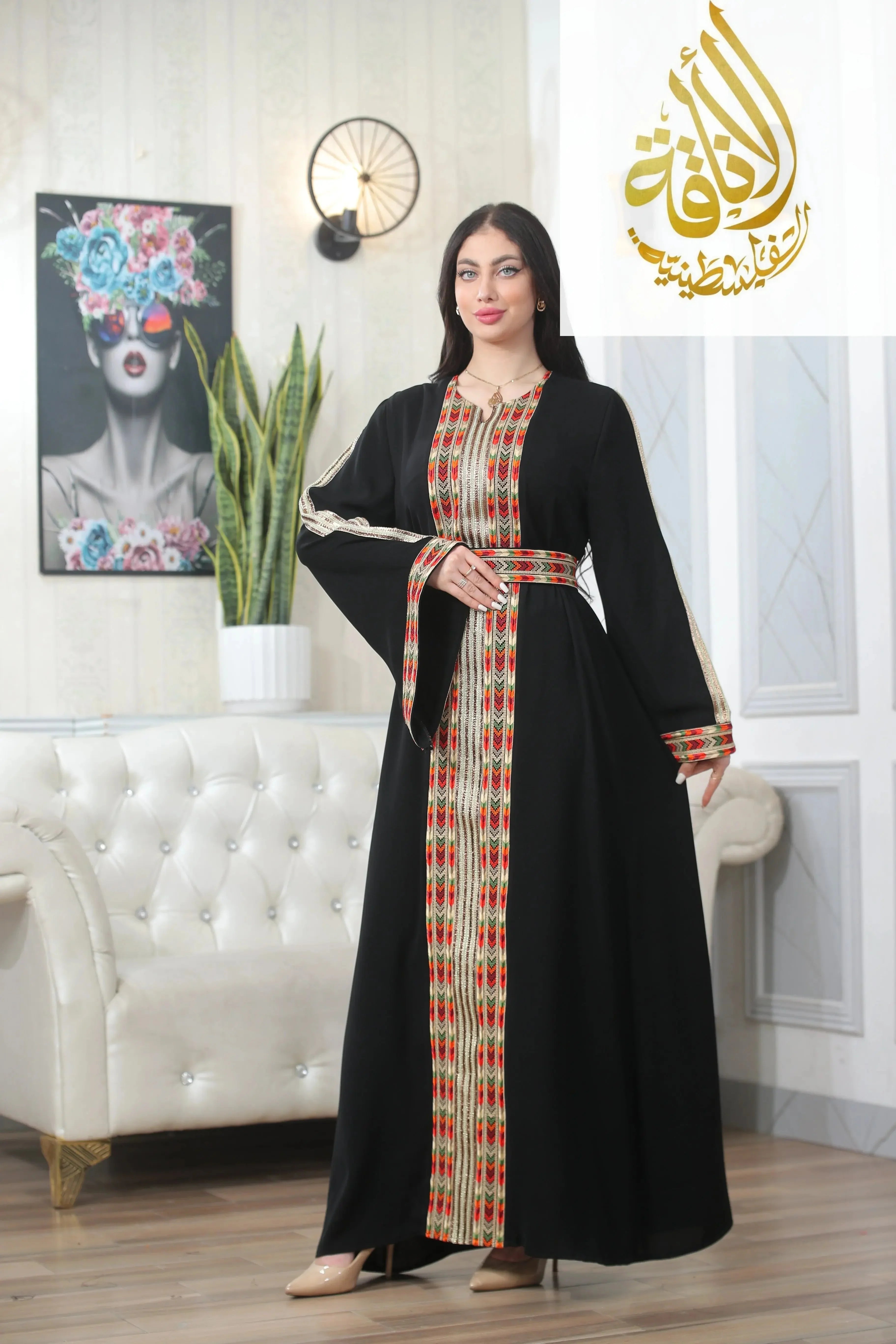 Palestinian Elegance Zena Embroidered Thoub in black with intricate traditional embroidery and full-length design