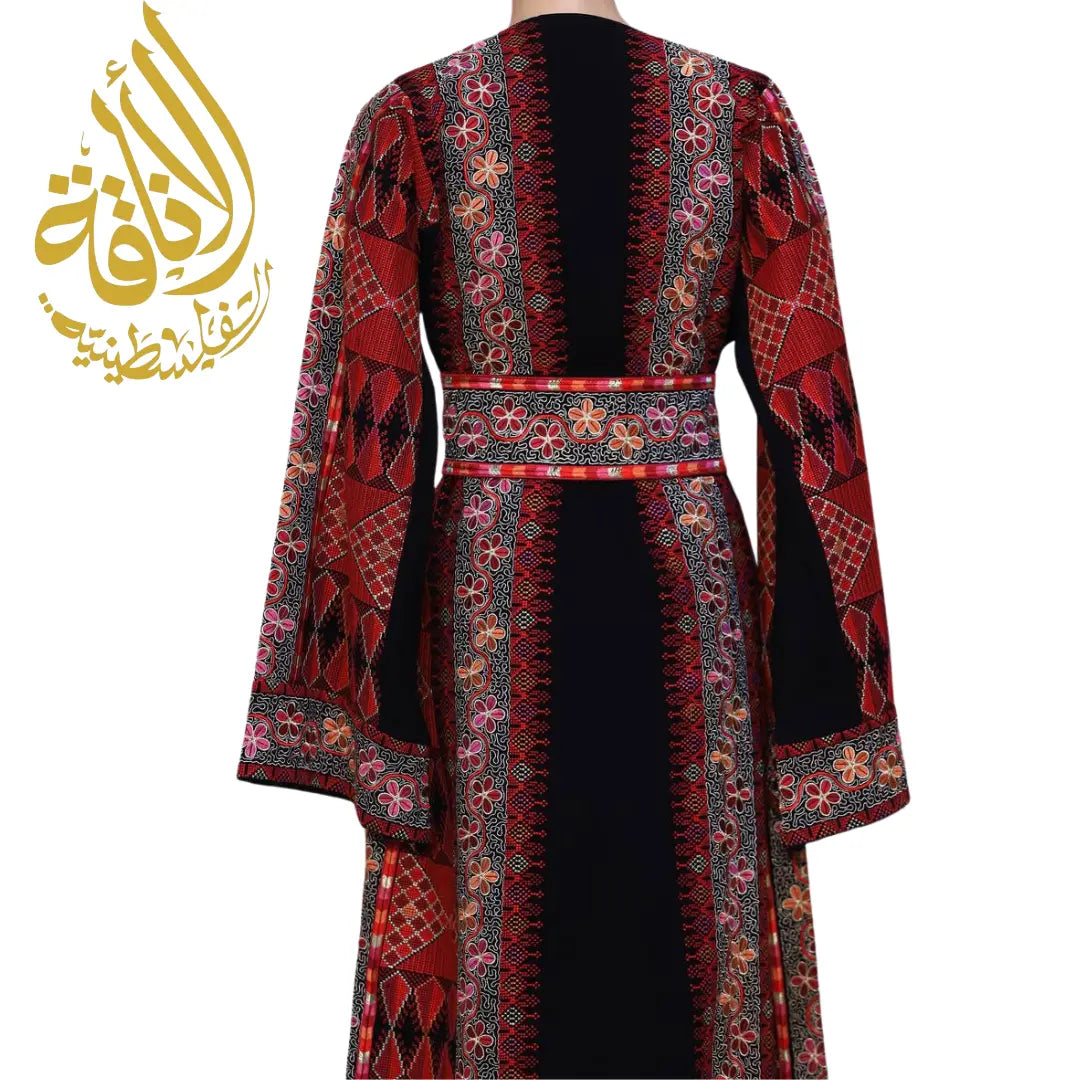 Back view of Palestinian embroidered thobe dress with intricate red and black embroidery patterns