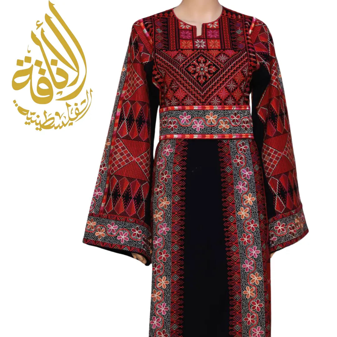 Palestinian embroidered thobe dress by Palestinian Elegance with intricate red and black embroidery patterns