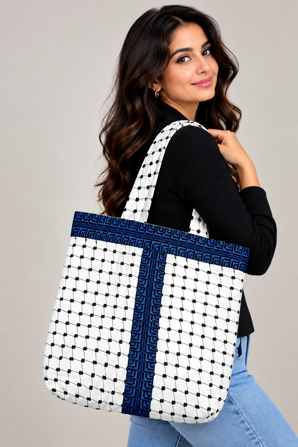High-Quality Handmade Tatreez Tote Bags with Kufiyah Design: Durable and Spacious