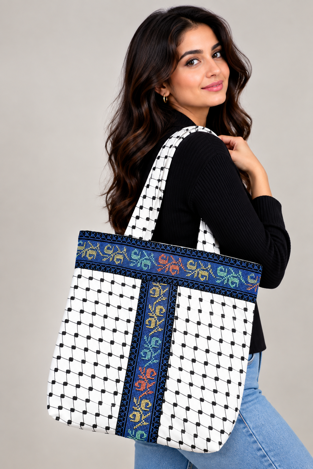 High-Quality Handmade Tatreez Tote Bags with Kufiyah Design: Durable and Spacious