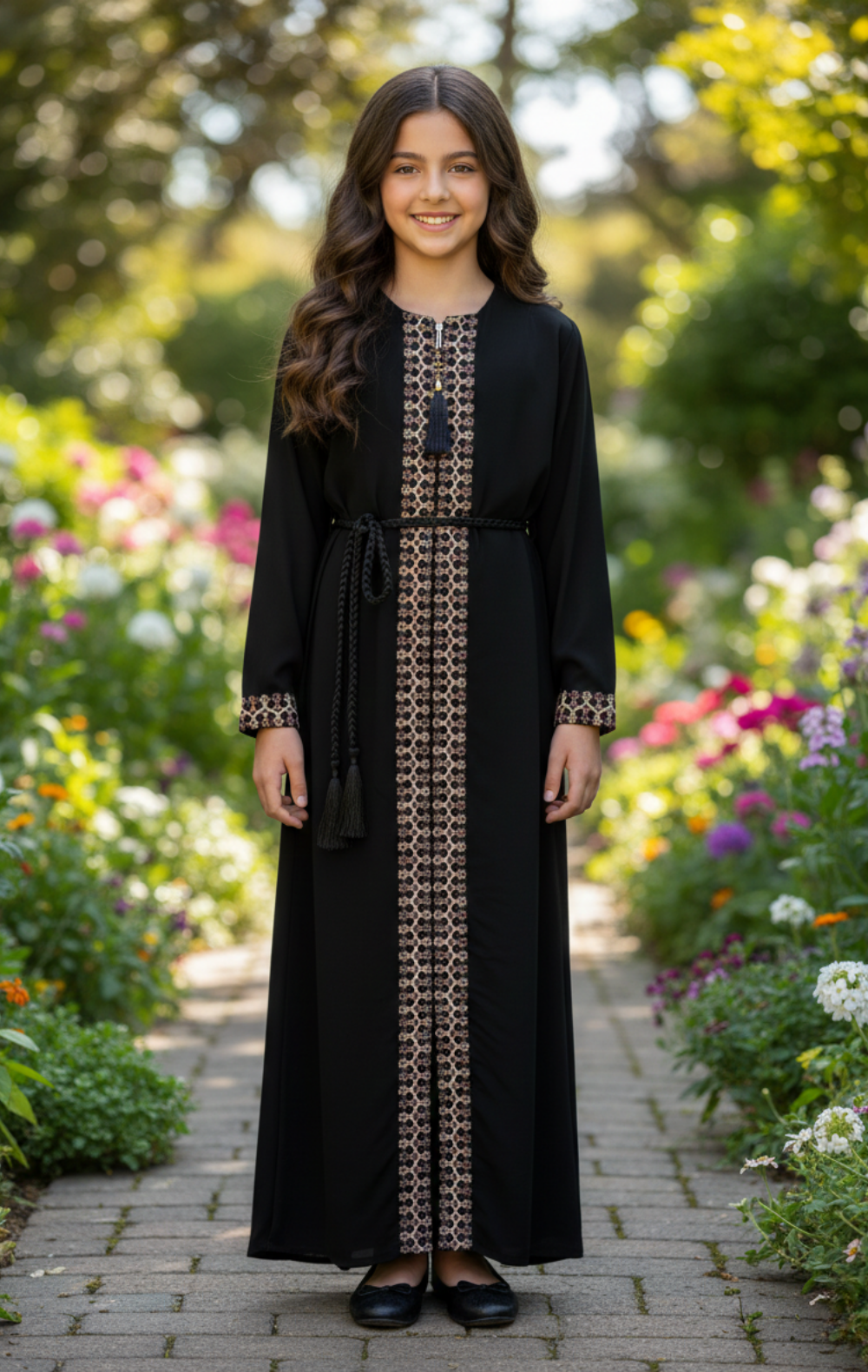 Woman in a black dress with floral patterns standing in a garden.