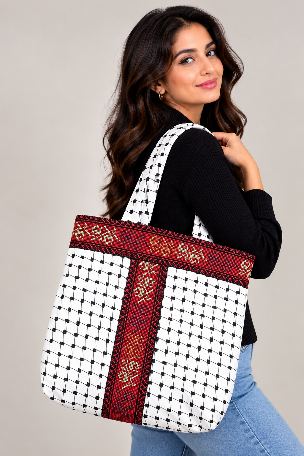 High-Quality Handmade Tatreez Tote Bags with Kufiyah Design: Durable and Spacious