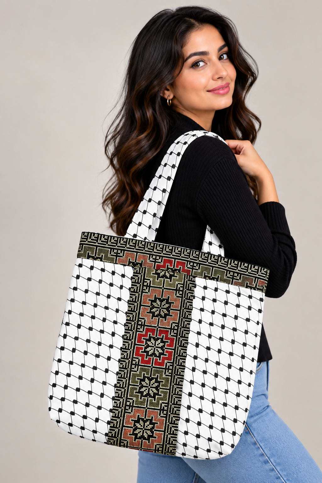 High-Quality Handmade Tatreez Tote Bags with Kufiyah Design: Durable and Spacious