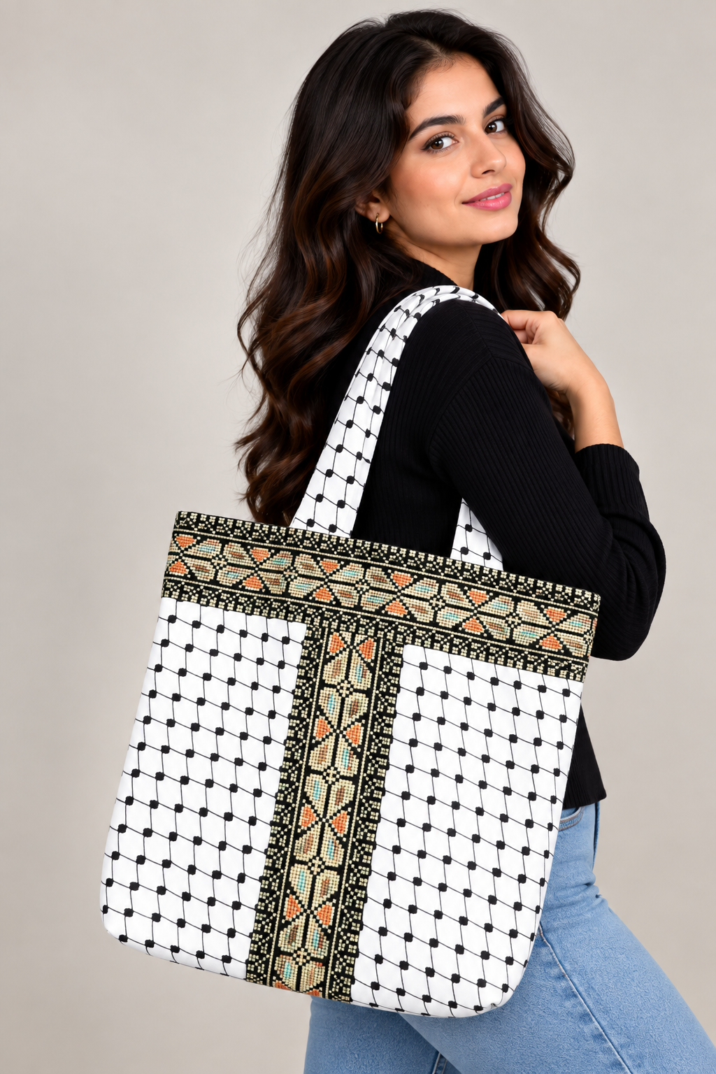High-Quality Handmade Tatreez Tote Bags with Kufiyah Design: Durable and Spacious