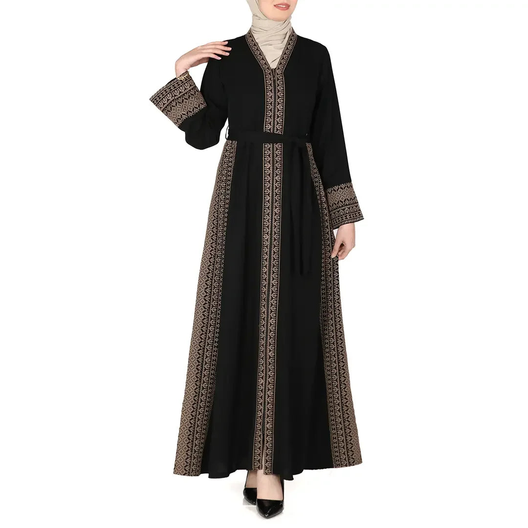 Palestinian Elegance embroidered abaya dress in black with intricate beige embroidery and belted waist