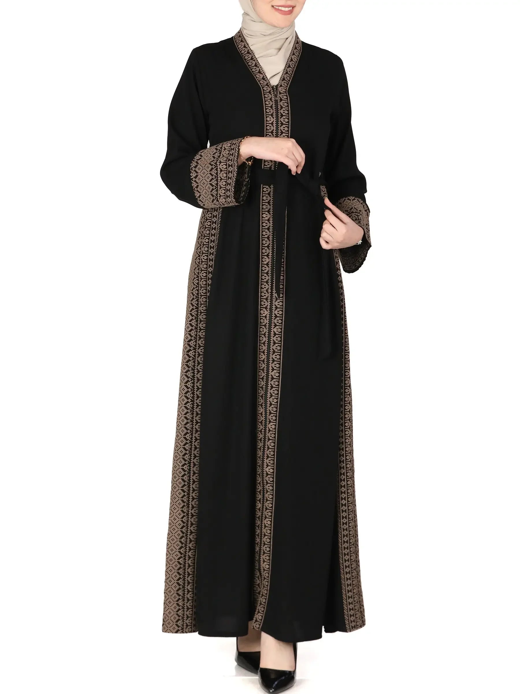 Palestinian Elegance black embroidered abaya dress with beige geometric patterns on cuffs and front trim
